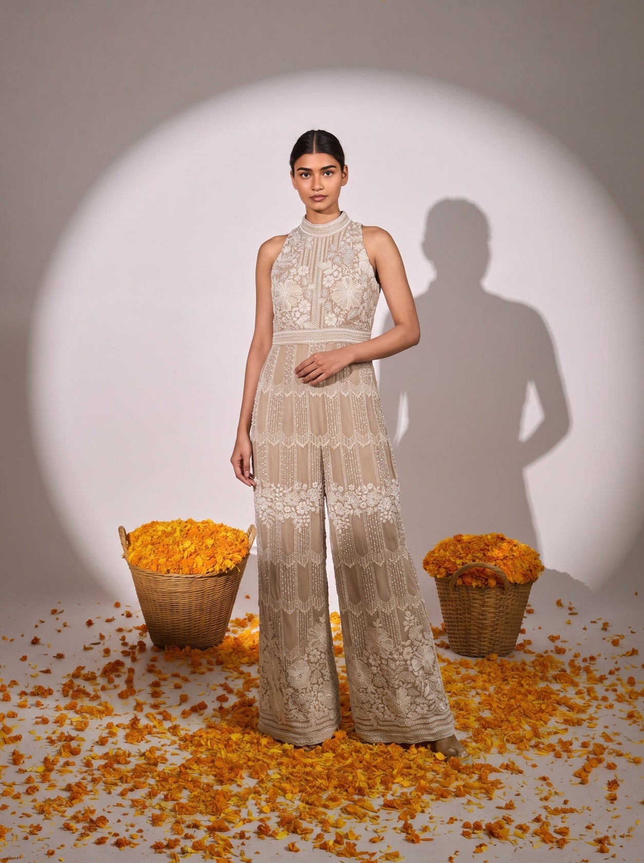 Ivory Cream Georgette Embellished Jumpsuit