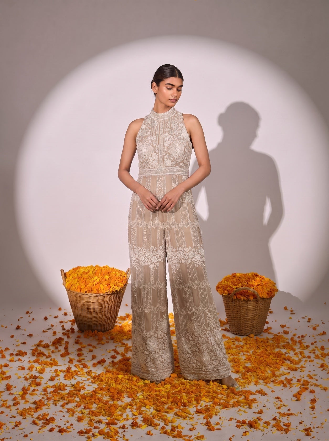 Ivory Cream Georgette Embellished Jumpsuit