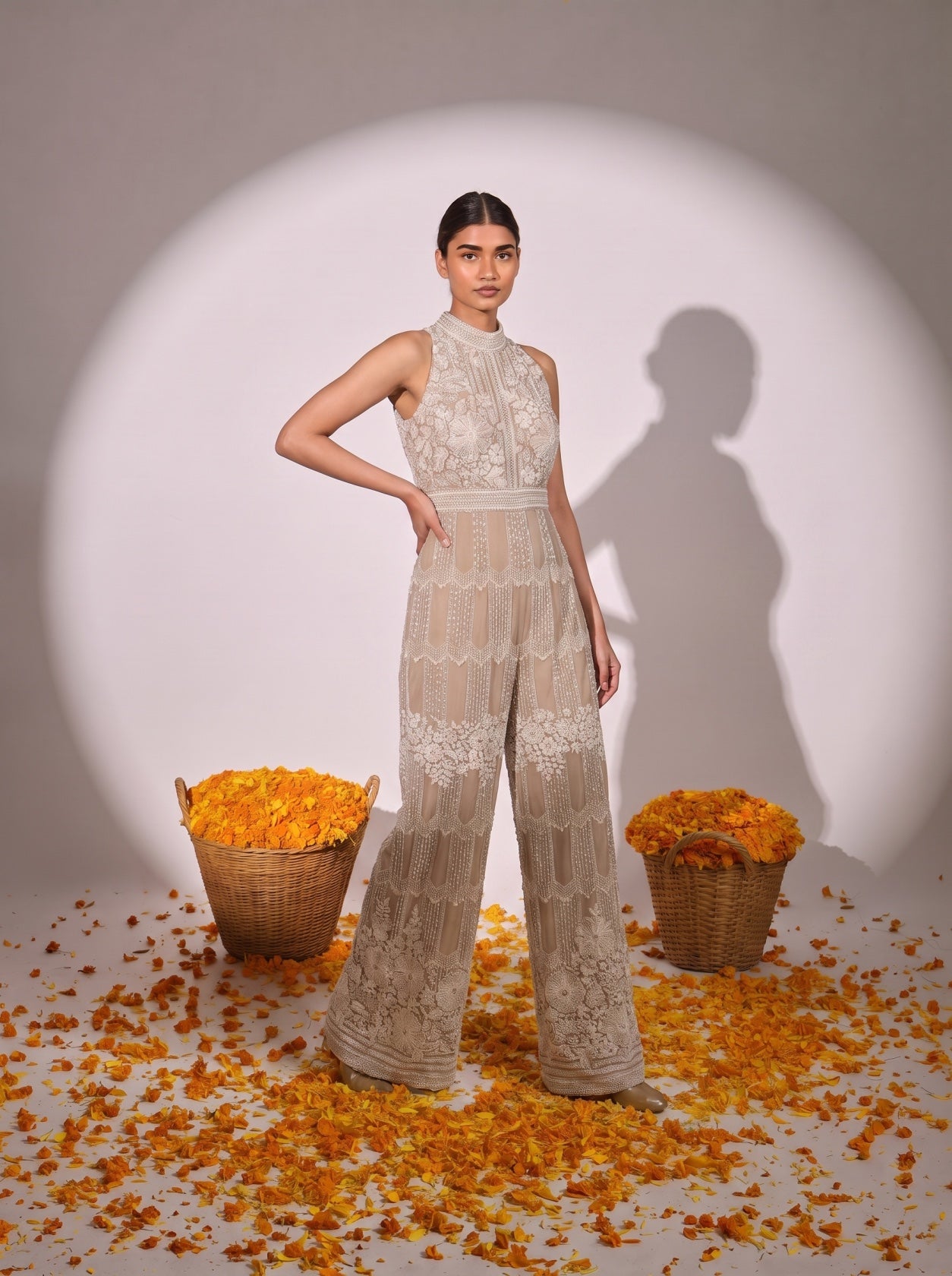 Ivory Cream Georgette Embellished Jumpsuit