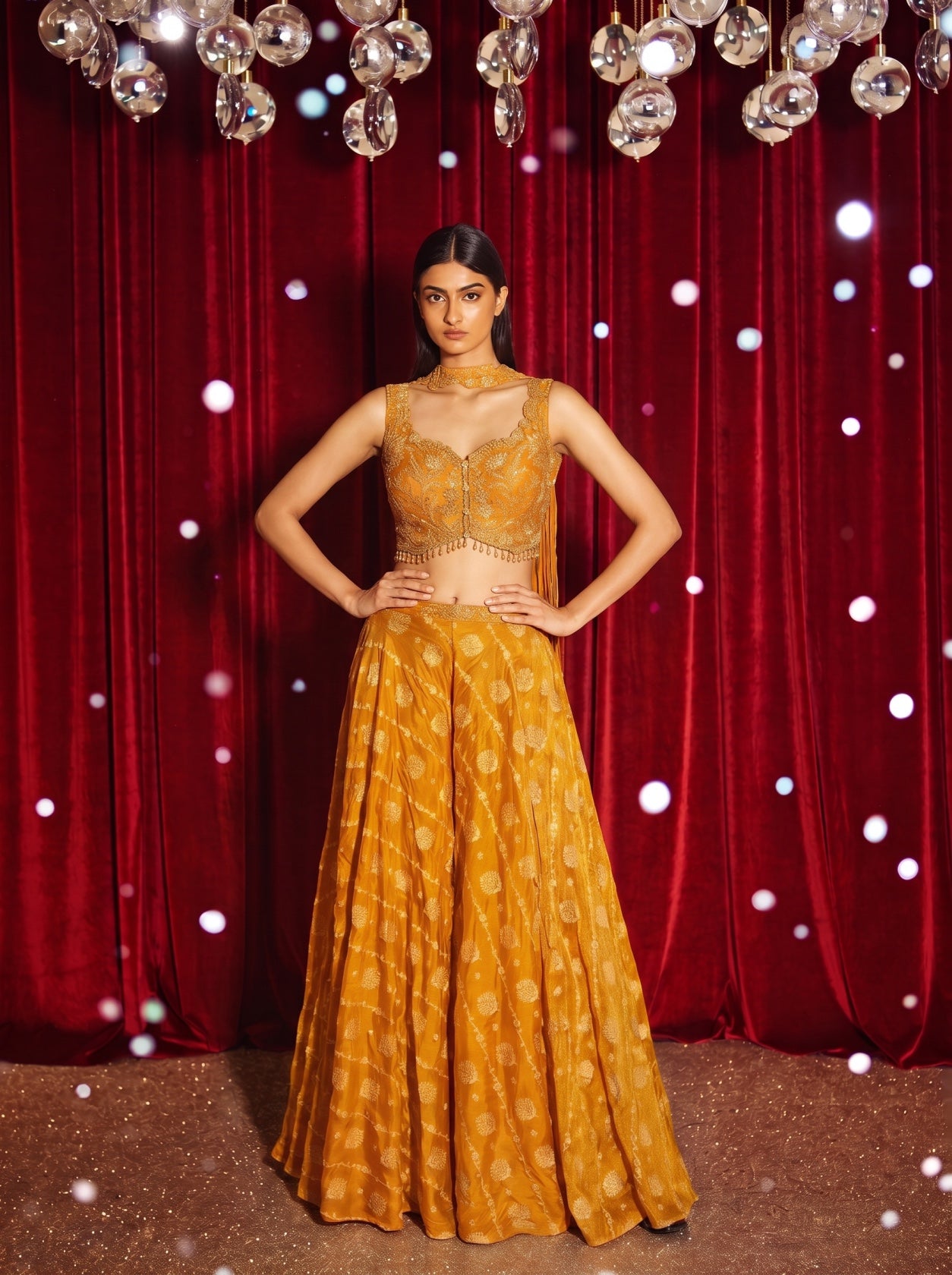Orange Embroidered Top With Digital Print Palazzo