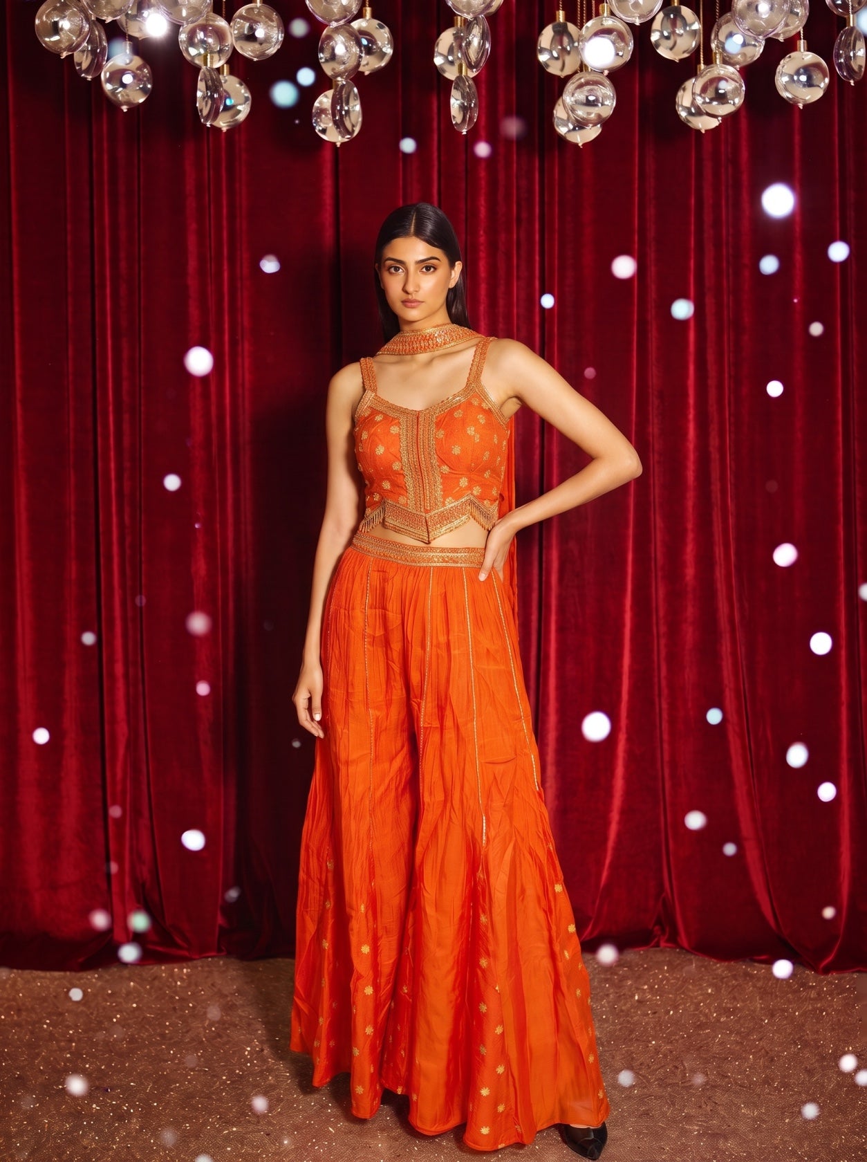 Orange Embroidered Top With Palazzo