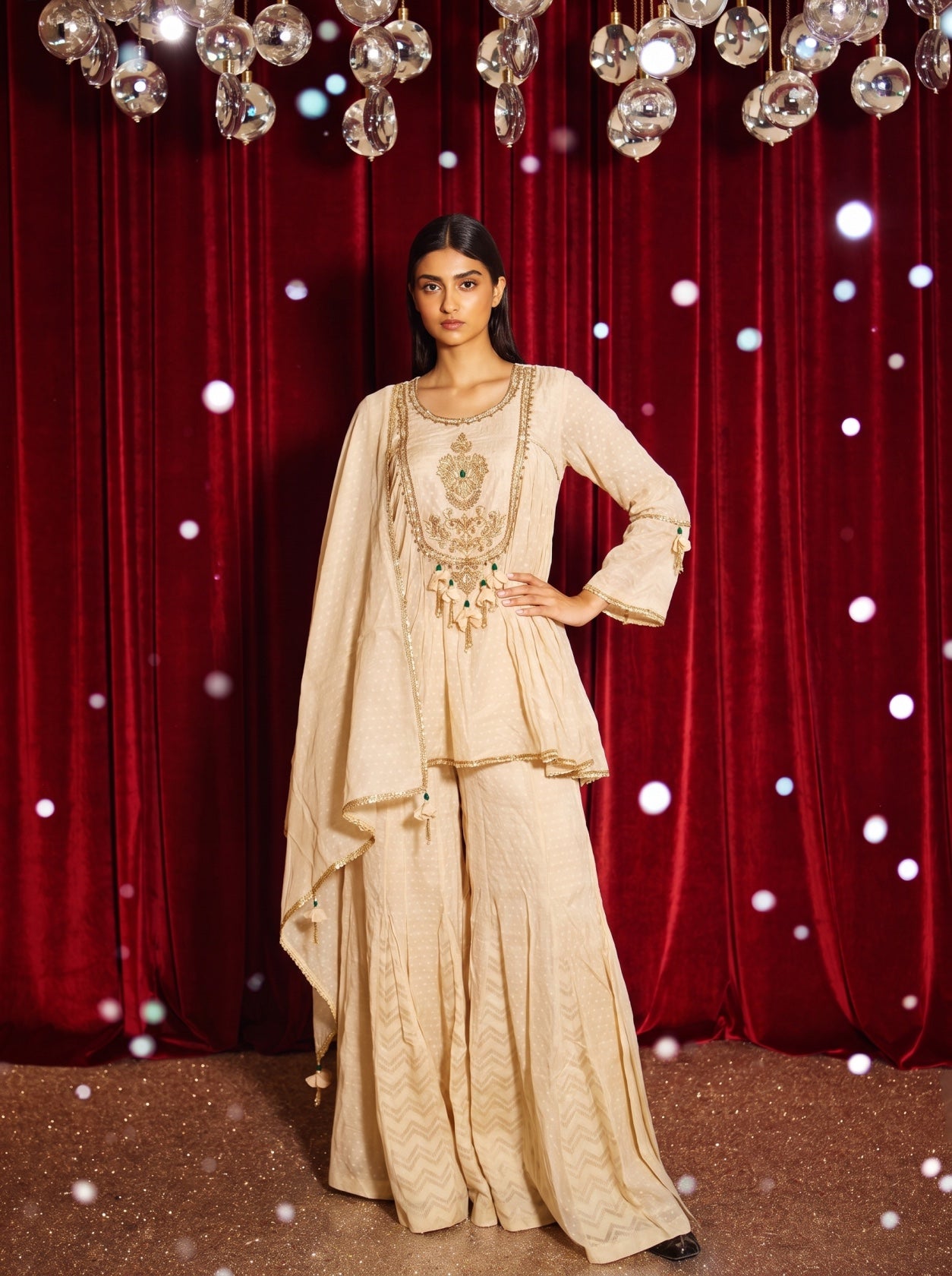 Ivory Chignon Georgette Peplum Top With Sharara