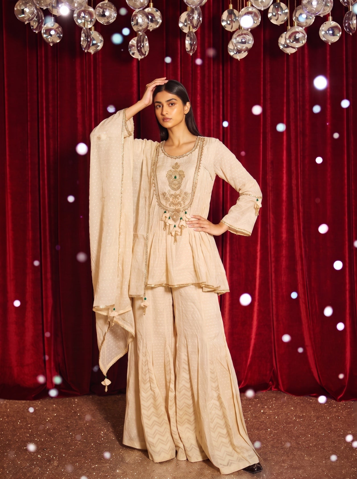 Ivory Chignon Georgette Peplum Top With Sharara