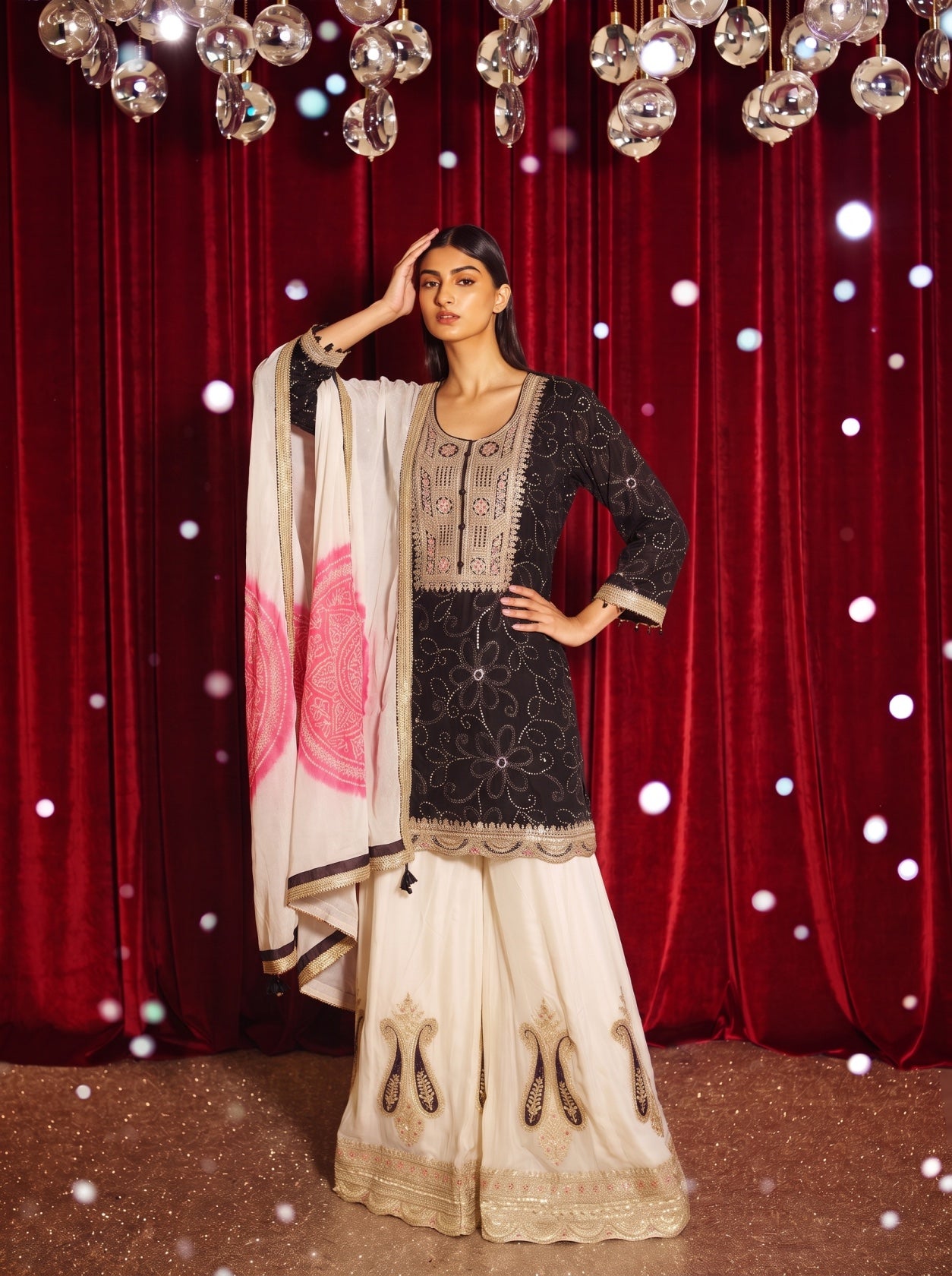 Black Embroidered Kurta With Sharara Suit