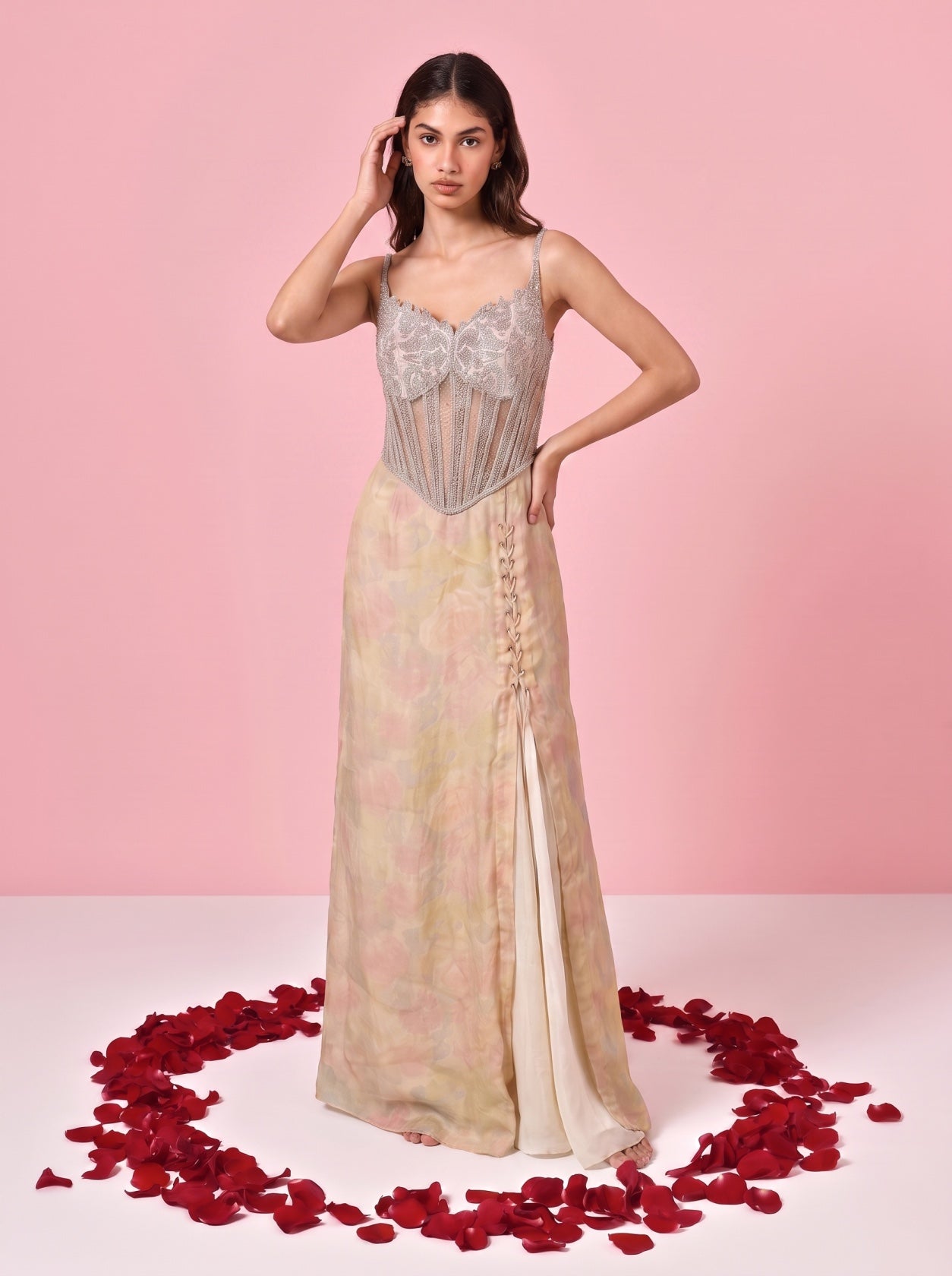 Cream Digital Print Bodice With Skirt