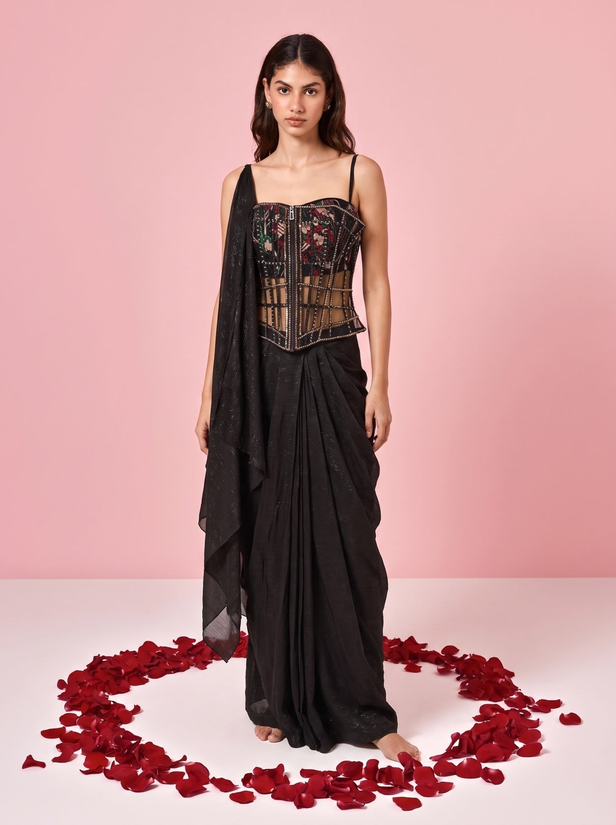 Black Embroidered Bodice Top With Skirt