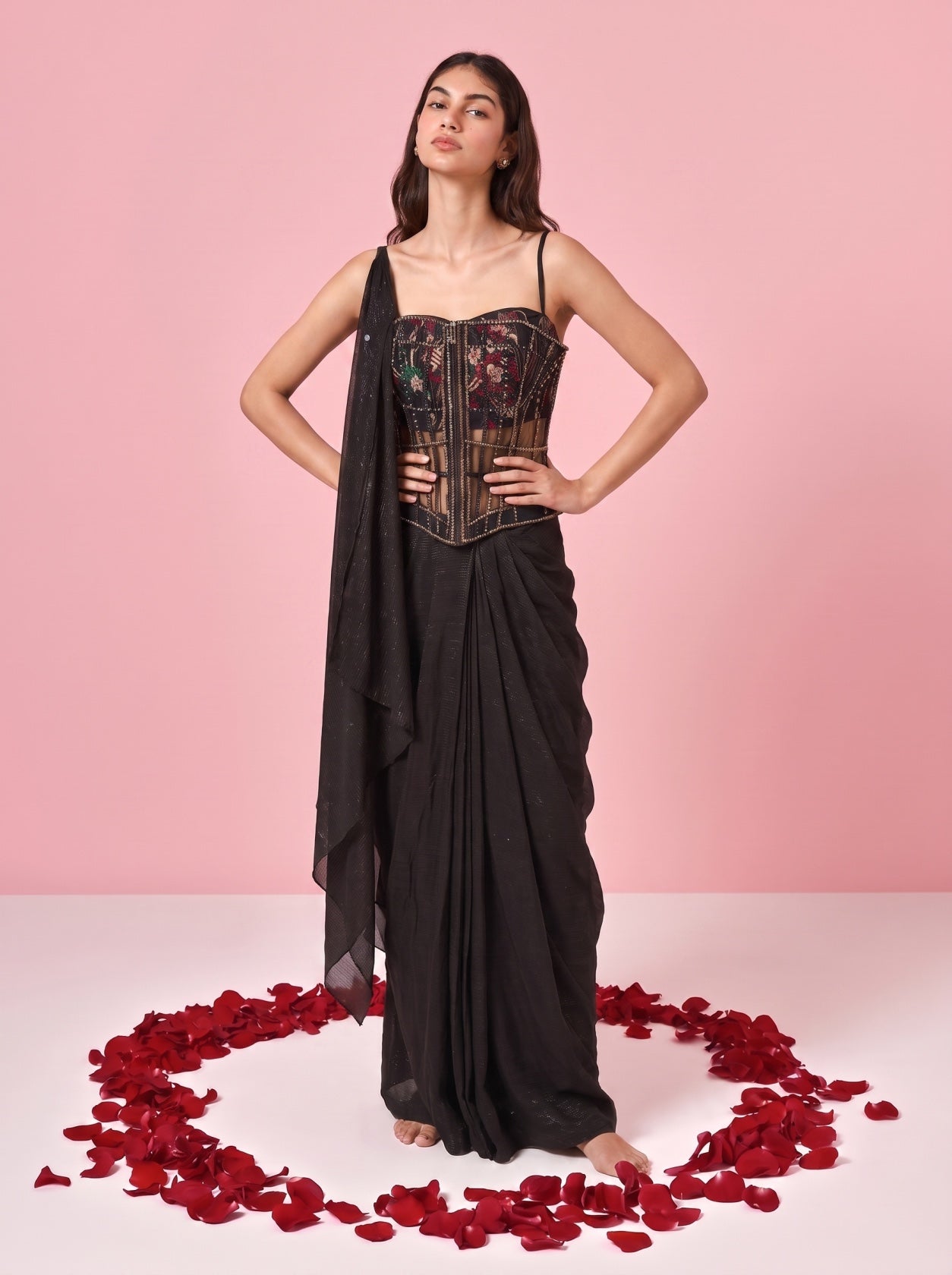 Black Embroidered Bodice Top With Skirt