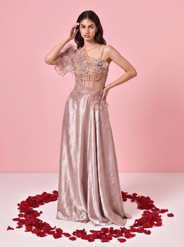 Mauve Gold Floral Applique Gown