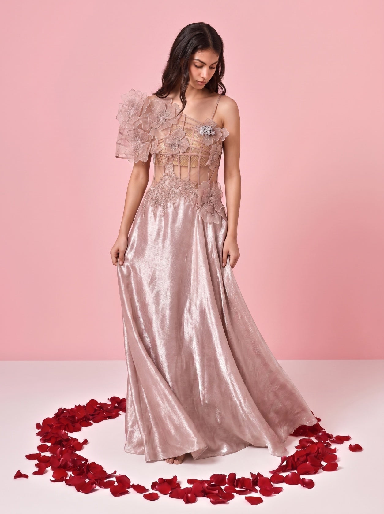Mauve Gold Floral Applique Gown
