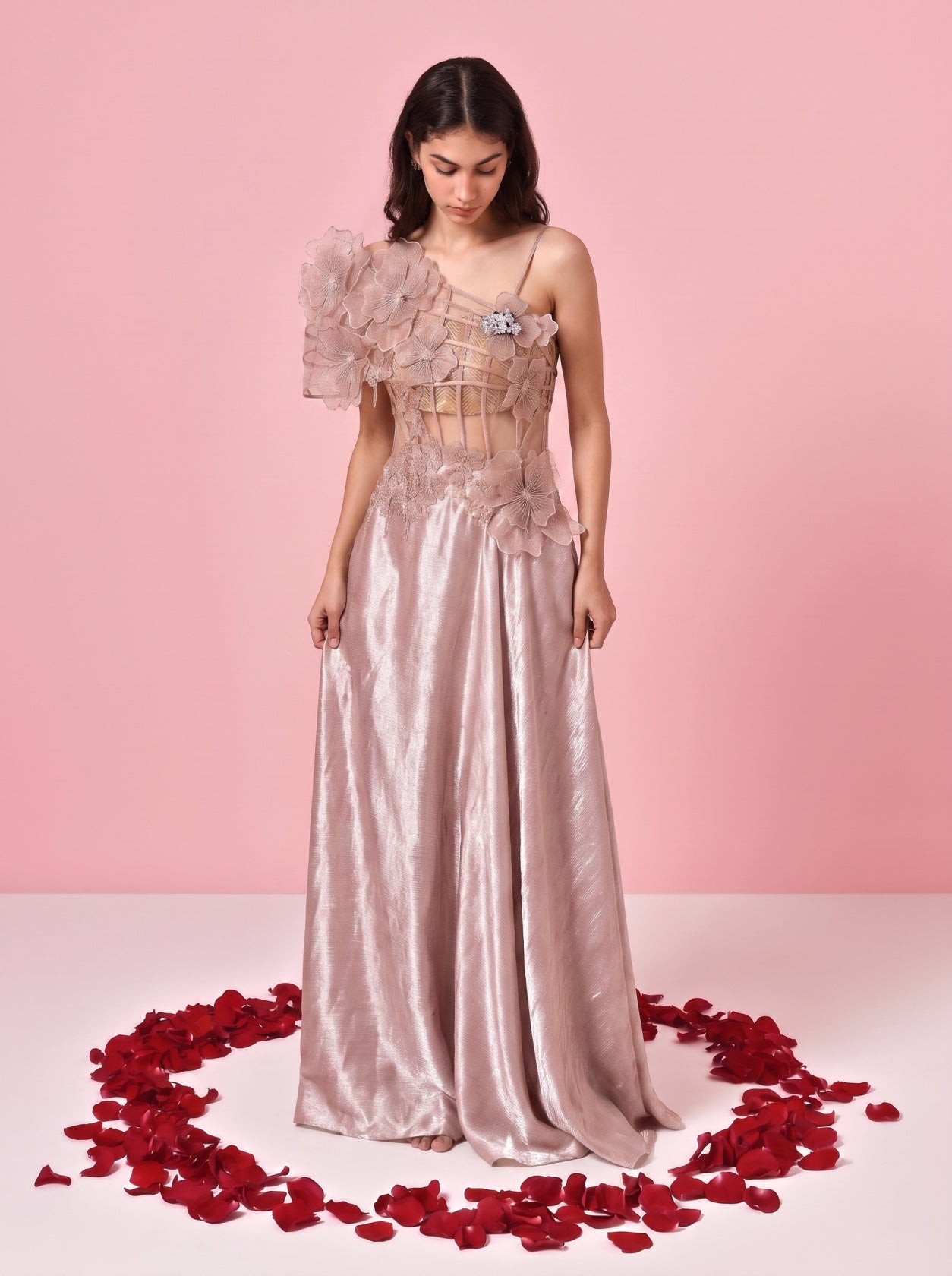Mauve Gold Floral Applique Gown