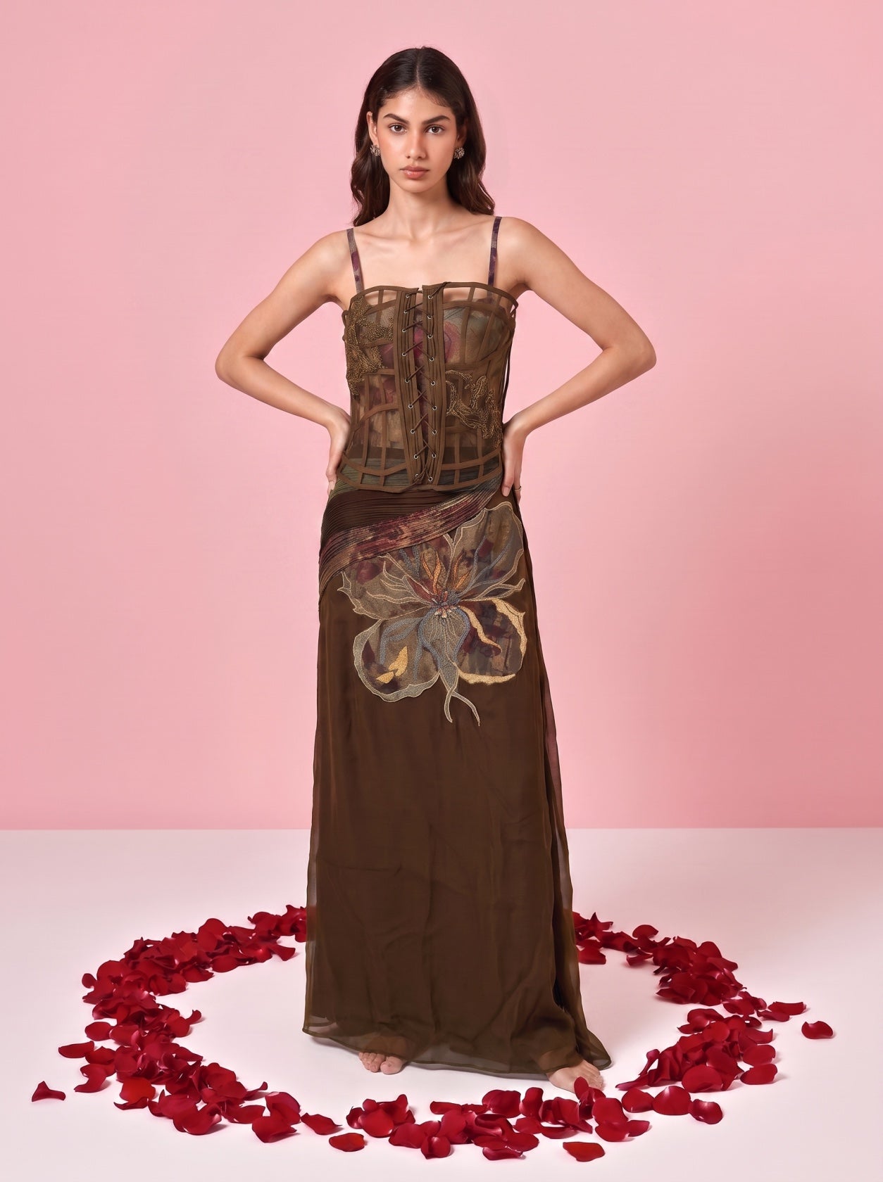 Brown Embroidered Bodice Top With Skirt