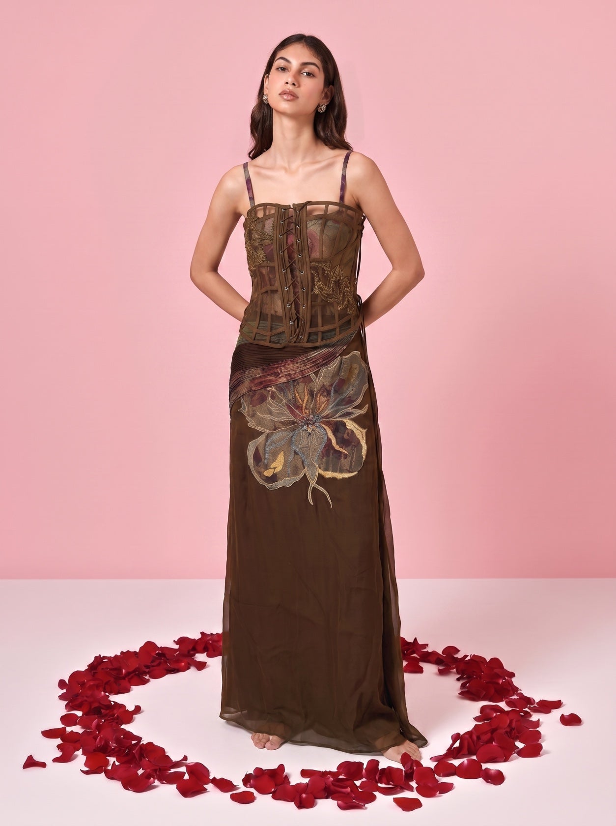 Brown Embroidered Bodice Top With Skirt
