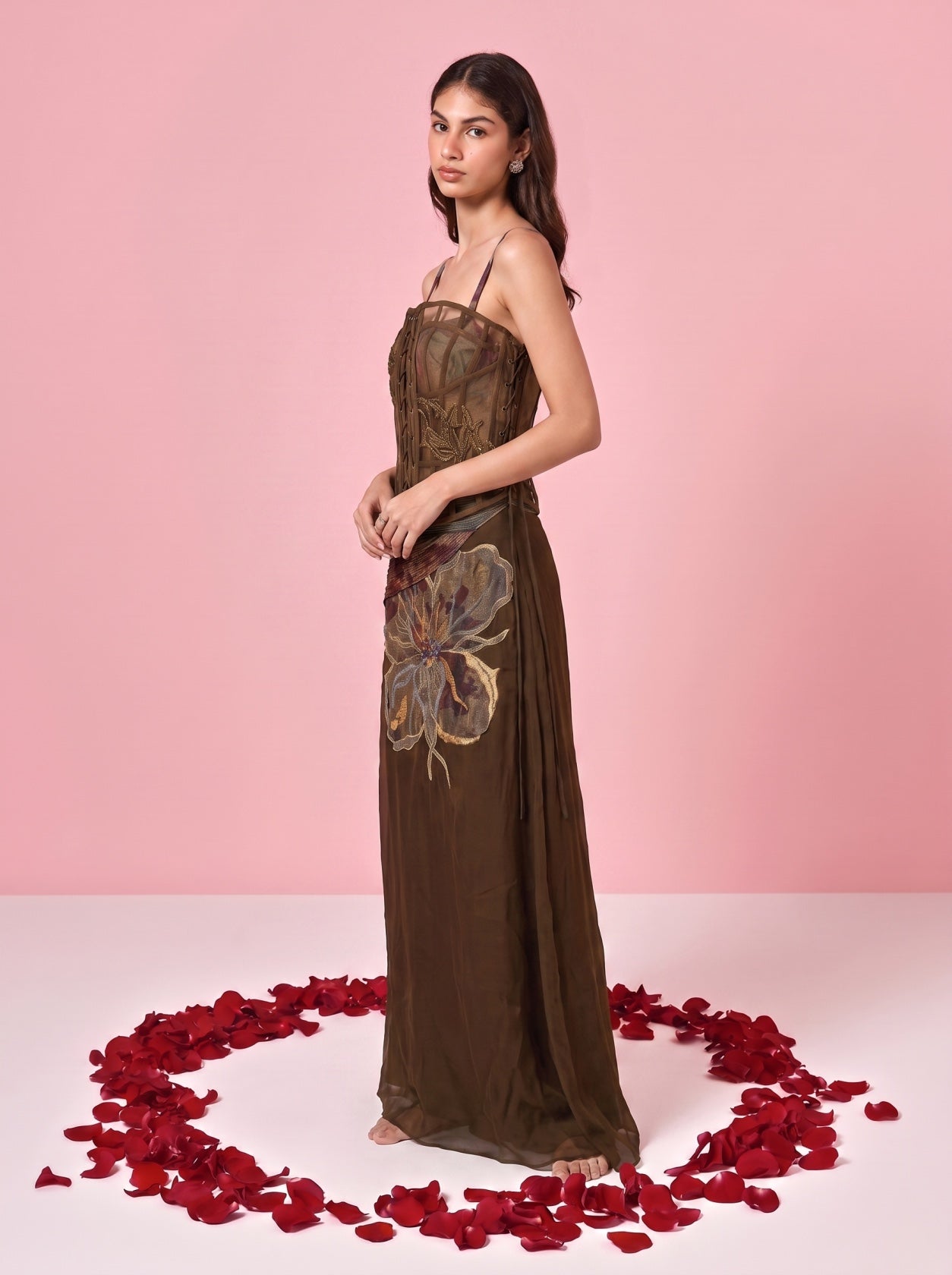 Brown Embroidered Bodice Top With Skirt