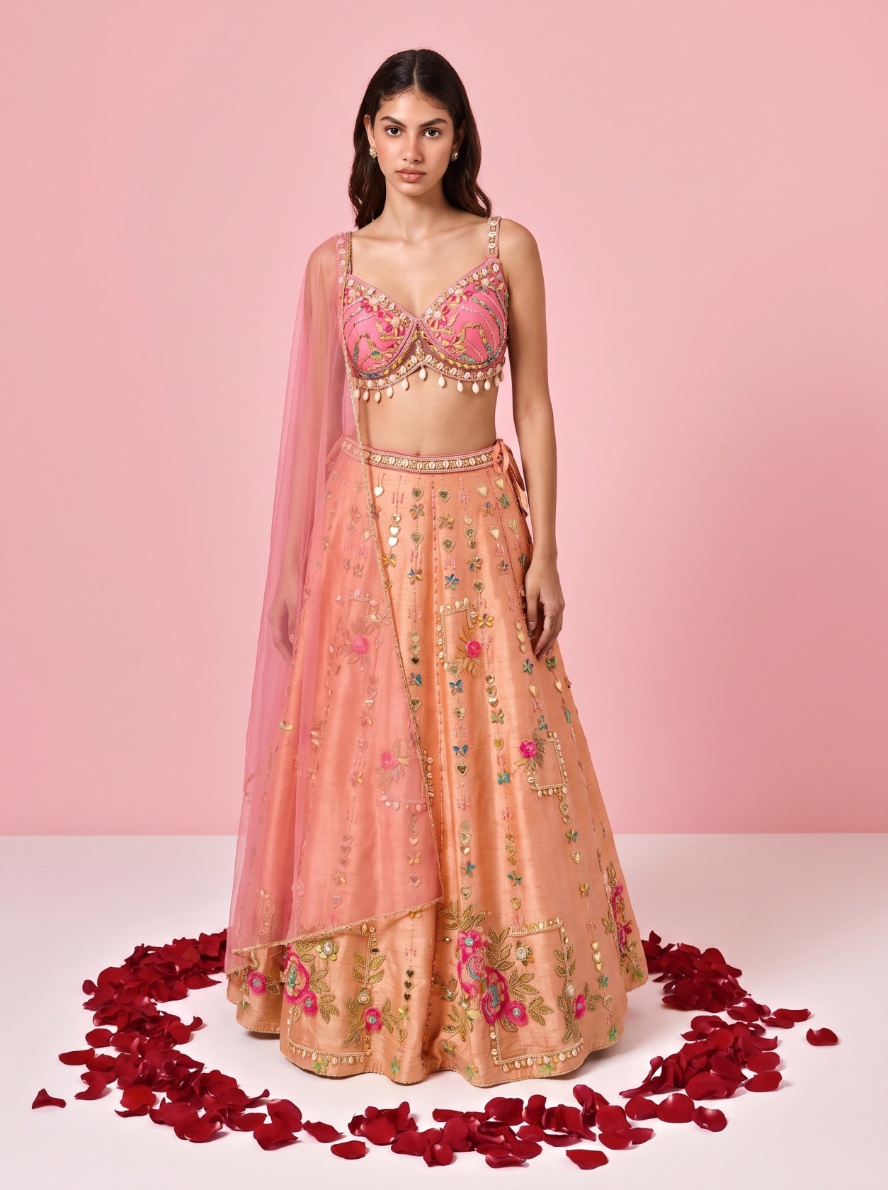Peach Raw Silk Embroidered Designer Lehenga