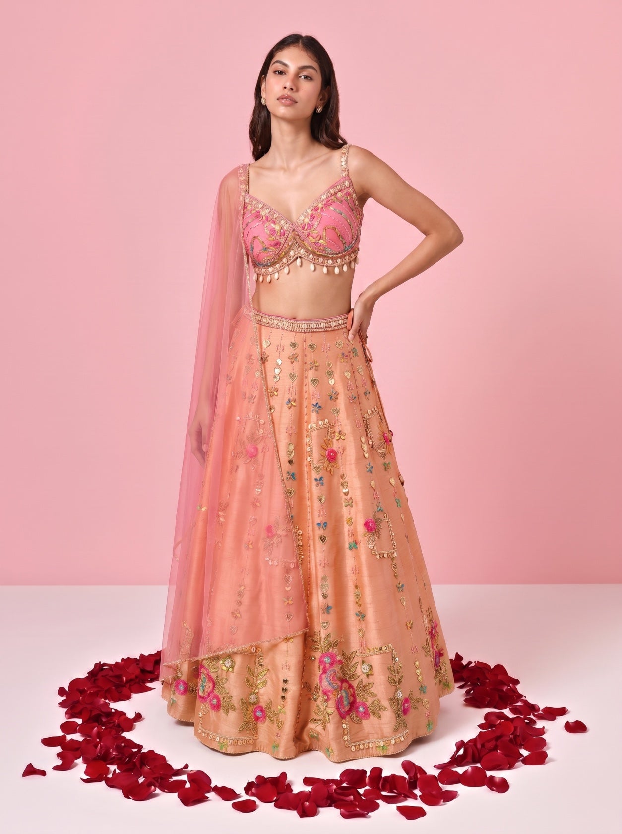 Peach Raw Silk Embroidered Designer Lehenga