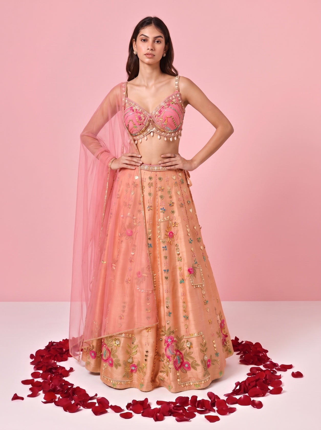 Peach Raw Silk Embroidered Designer Lehenga