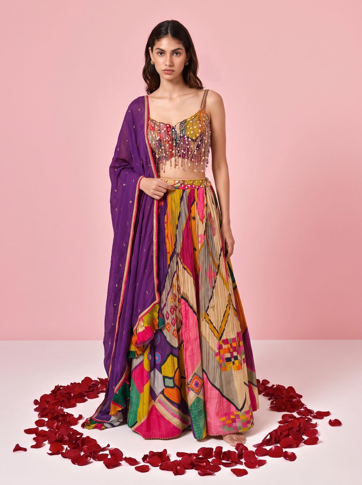 Multicolor Chinnon Embellished Lehenga