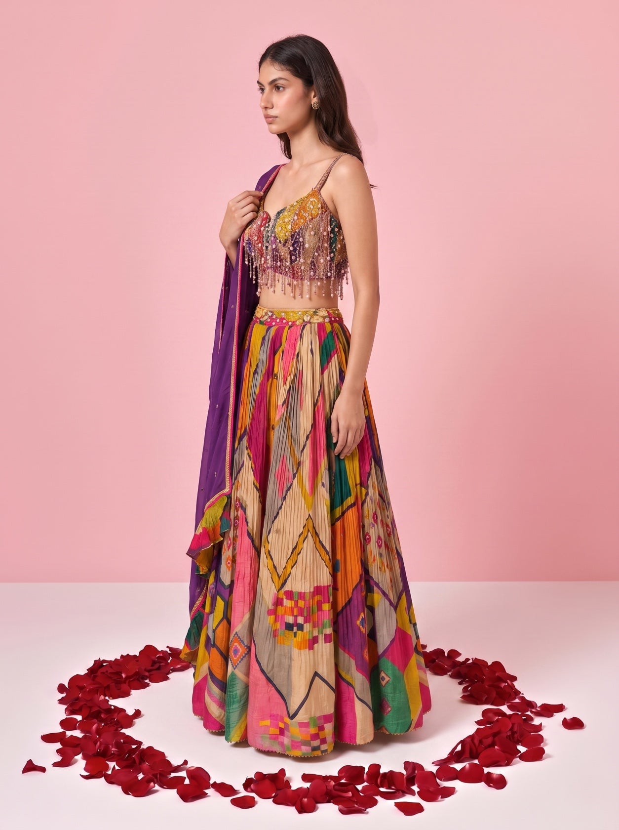 Multicolor Chinnon Embellished Lehenga