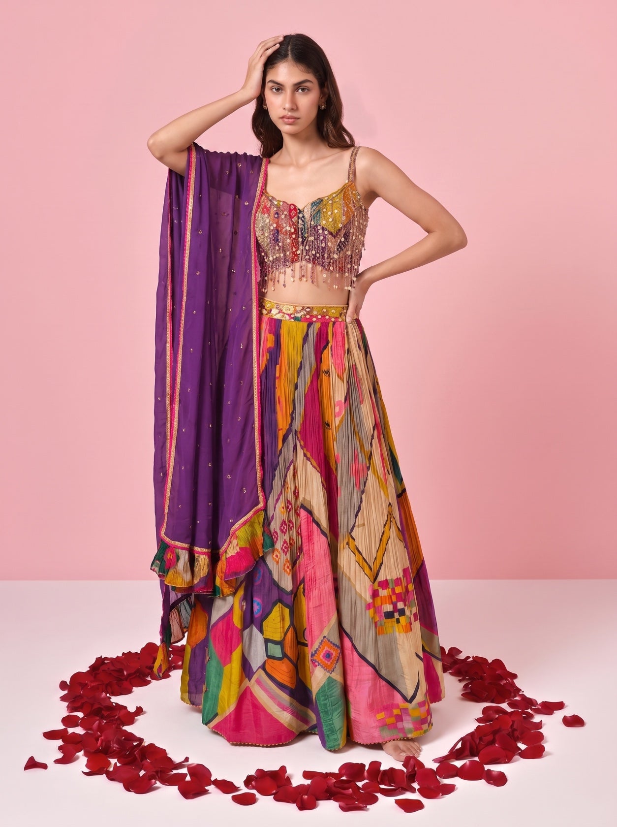 Multicolor Chinnon Embellished Lehenga