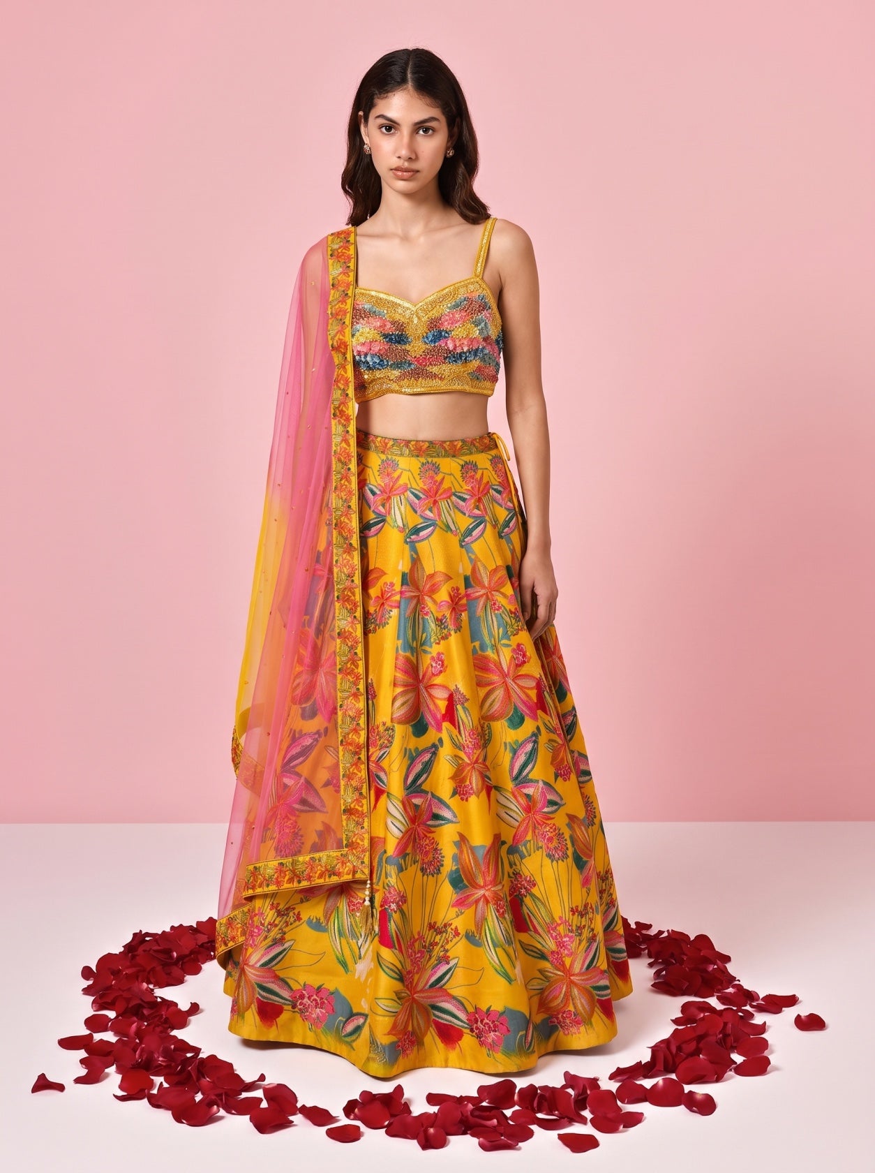 Yellow Printed Silk Festive Lehenga