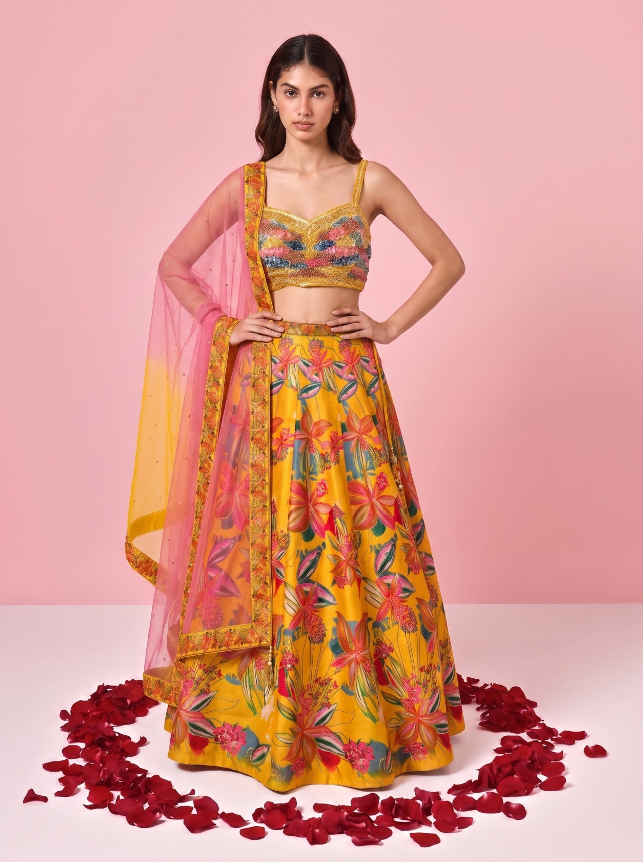 Yellow Printed Silk Festive Lehenga