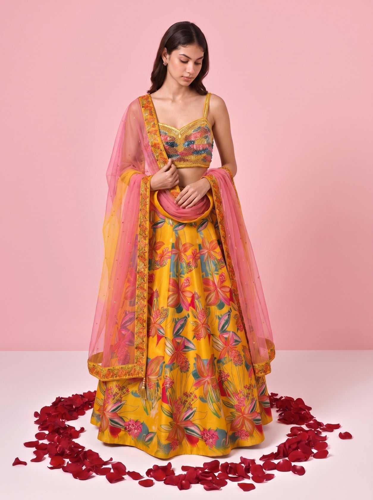 Yellow Printed Silk Festive Lehenga