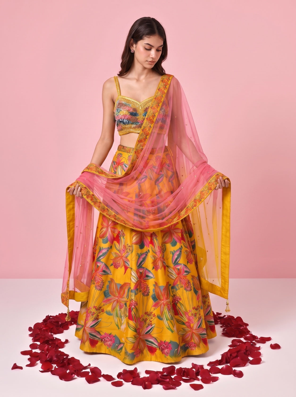 Yellow Printed Silk Festive Lehenga