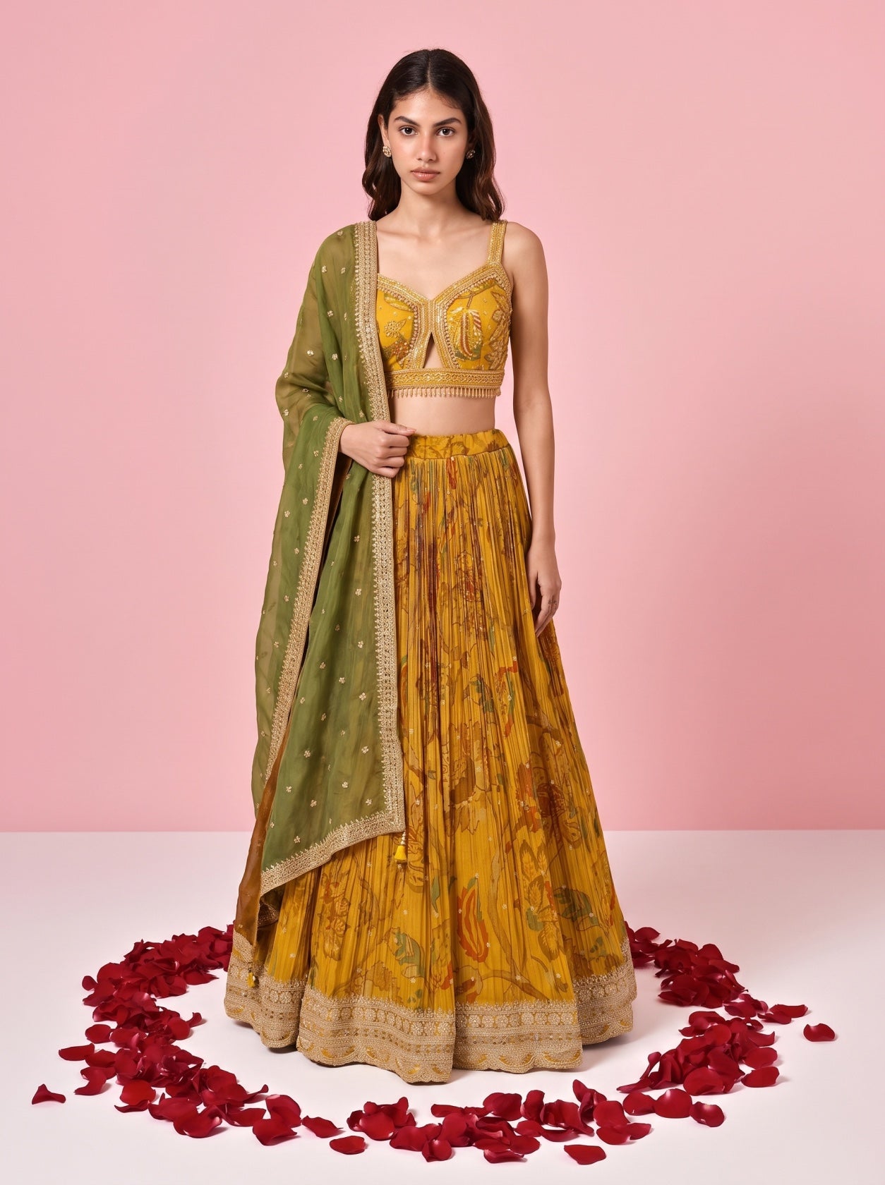 Mustard Printed Silk Festive Lehenga