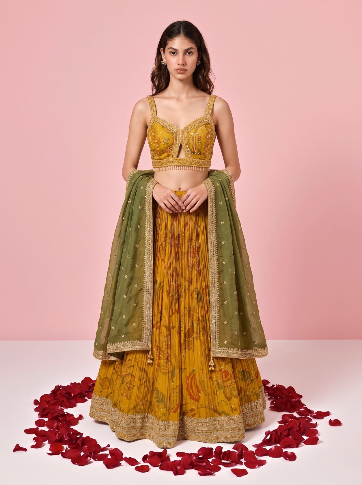 Mustard Printed Silk Festive Lehenga
