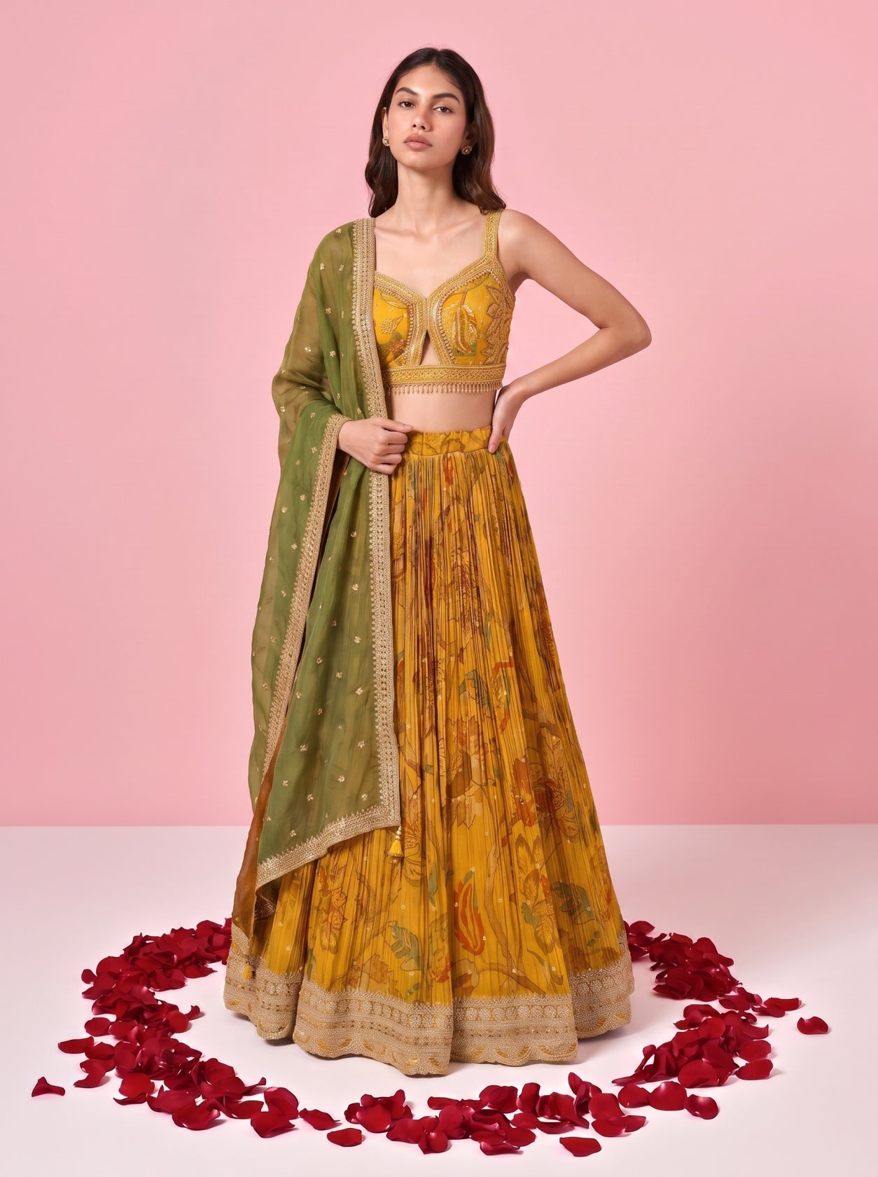 Mustard Printed Silk Festive Lehenga