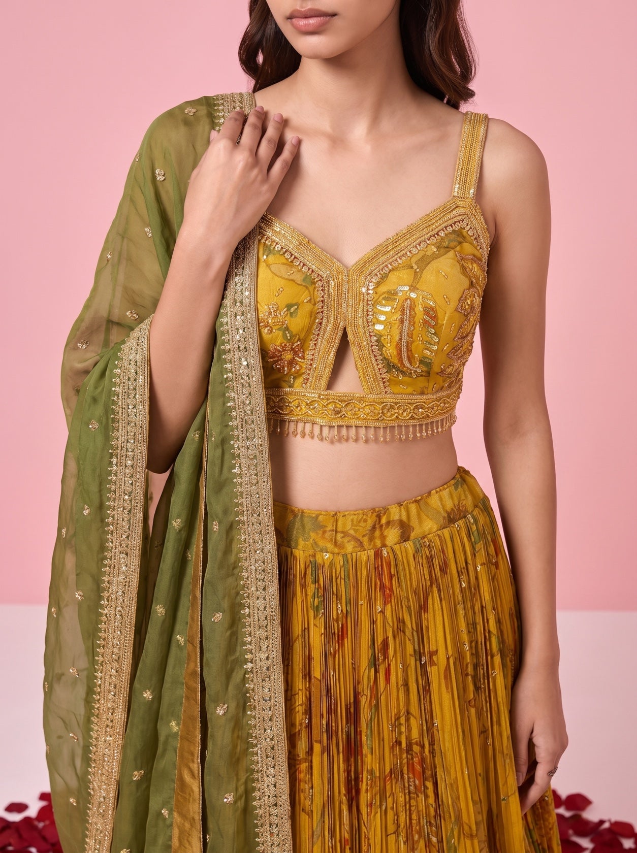Mustard Printed Silk Festive Lehenga