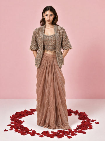 Rust Colored Embroidered Indowestern With Drape Skirt & Jacket