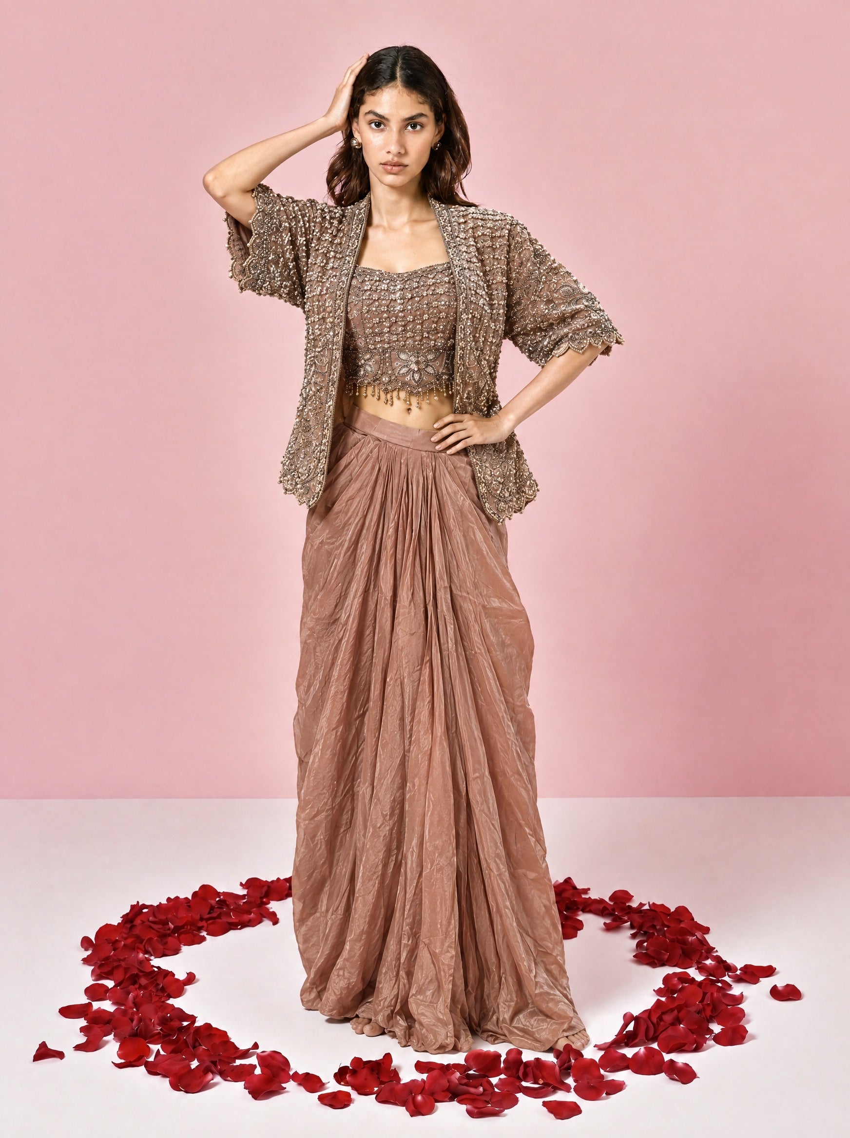 Rust Colored Embroidered Indowestern With Drape Skirt & Jacket
