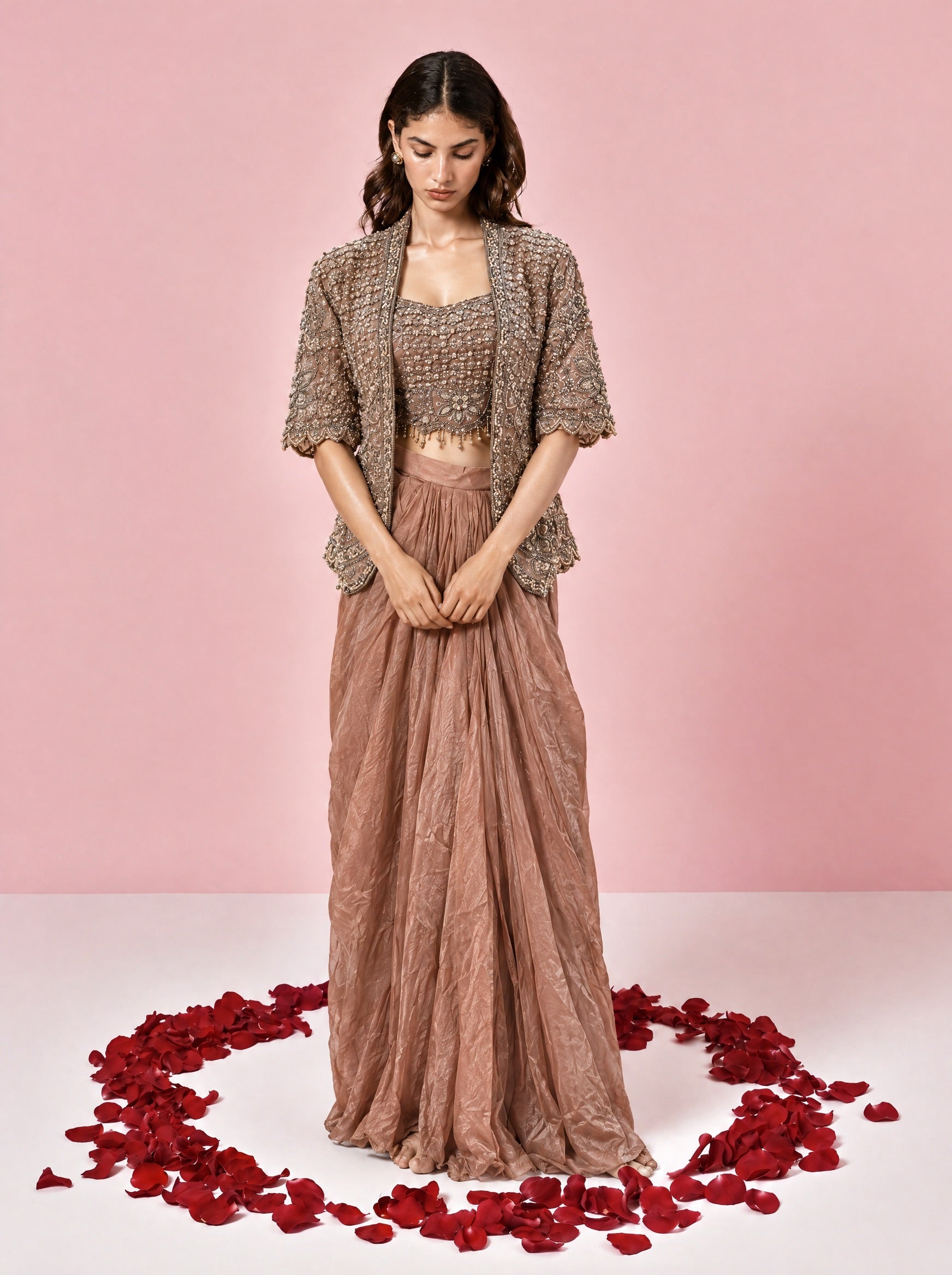 Rust Colored Embroidered Indowestern With Drape Skirt & Jacket