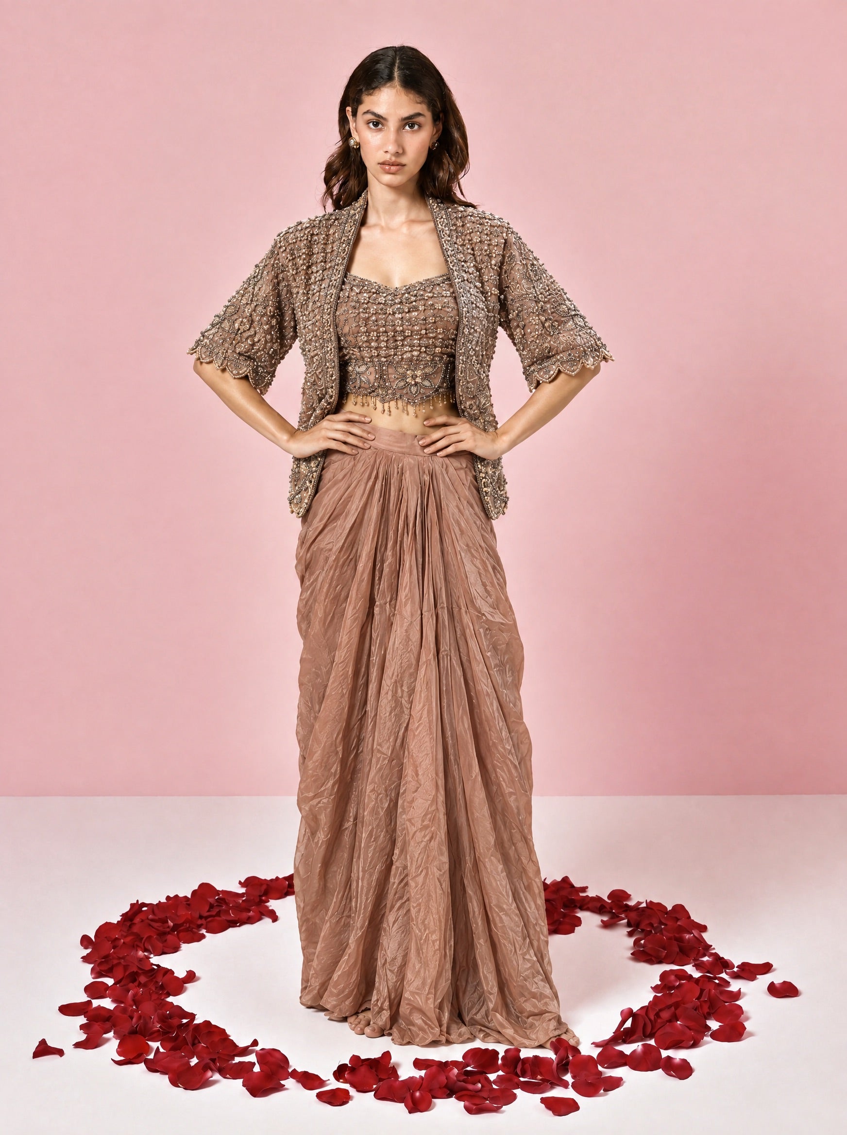 Rust Colored Embroidered Indowestern With Drape Skirt & Jacket
