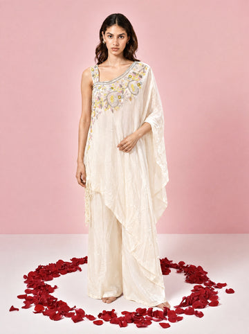 Cream Color Chignon Embroidered Kaftan Suit