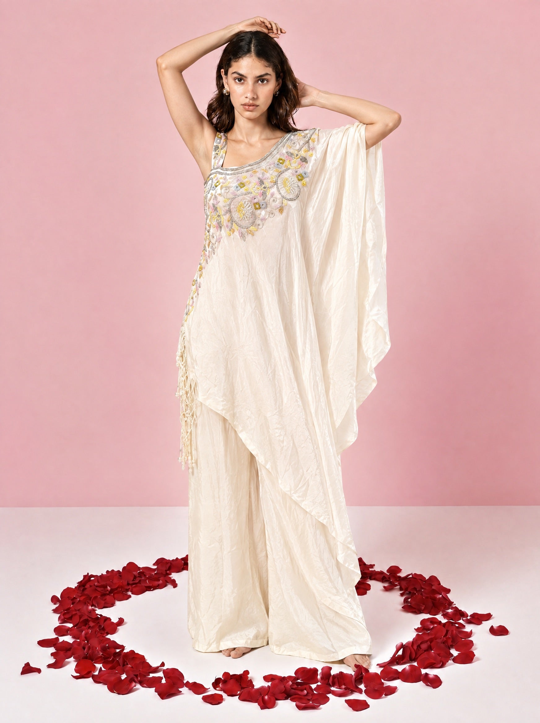 Cream Color Chignon Embroidered Kaftan Suit