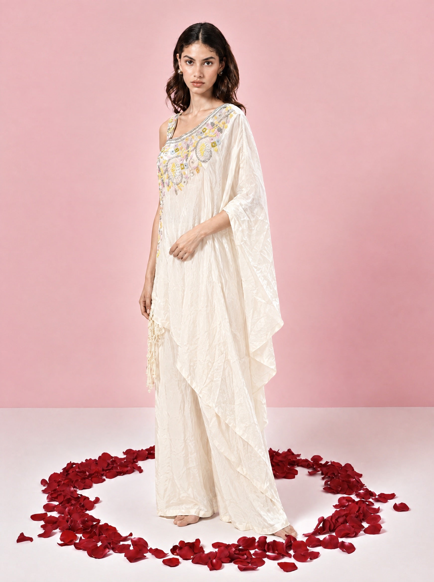 Cream Color Chignon Embroidered Kaftan Suit