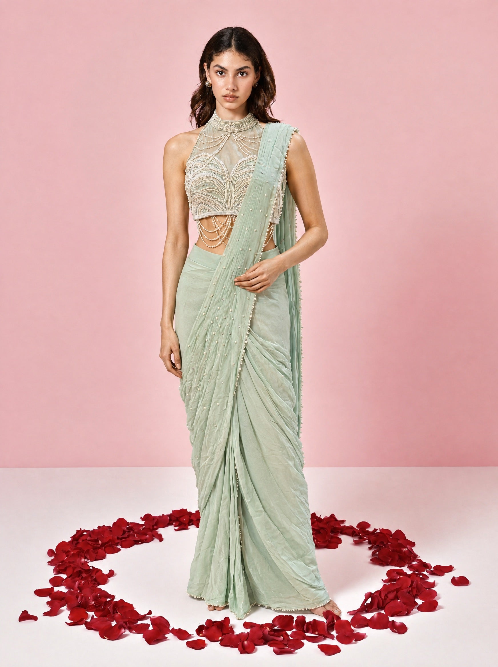 Sea Green Embroidered Drape Saree