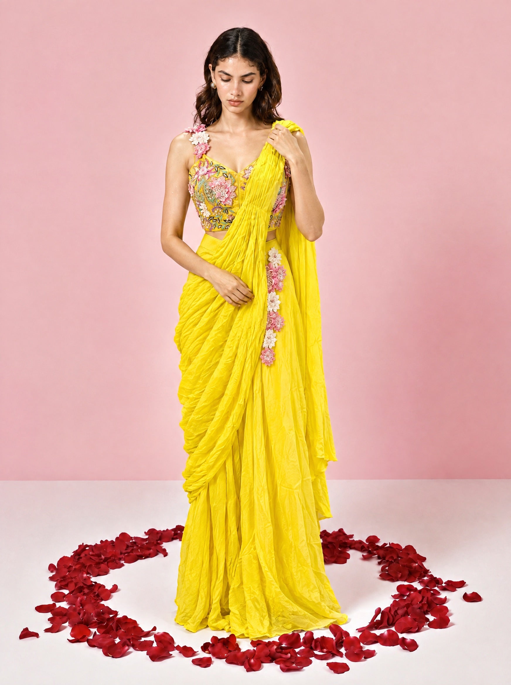 Yellow Floral Embroidered Ready To Wear Drape Saree