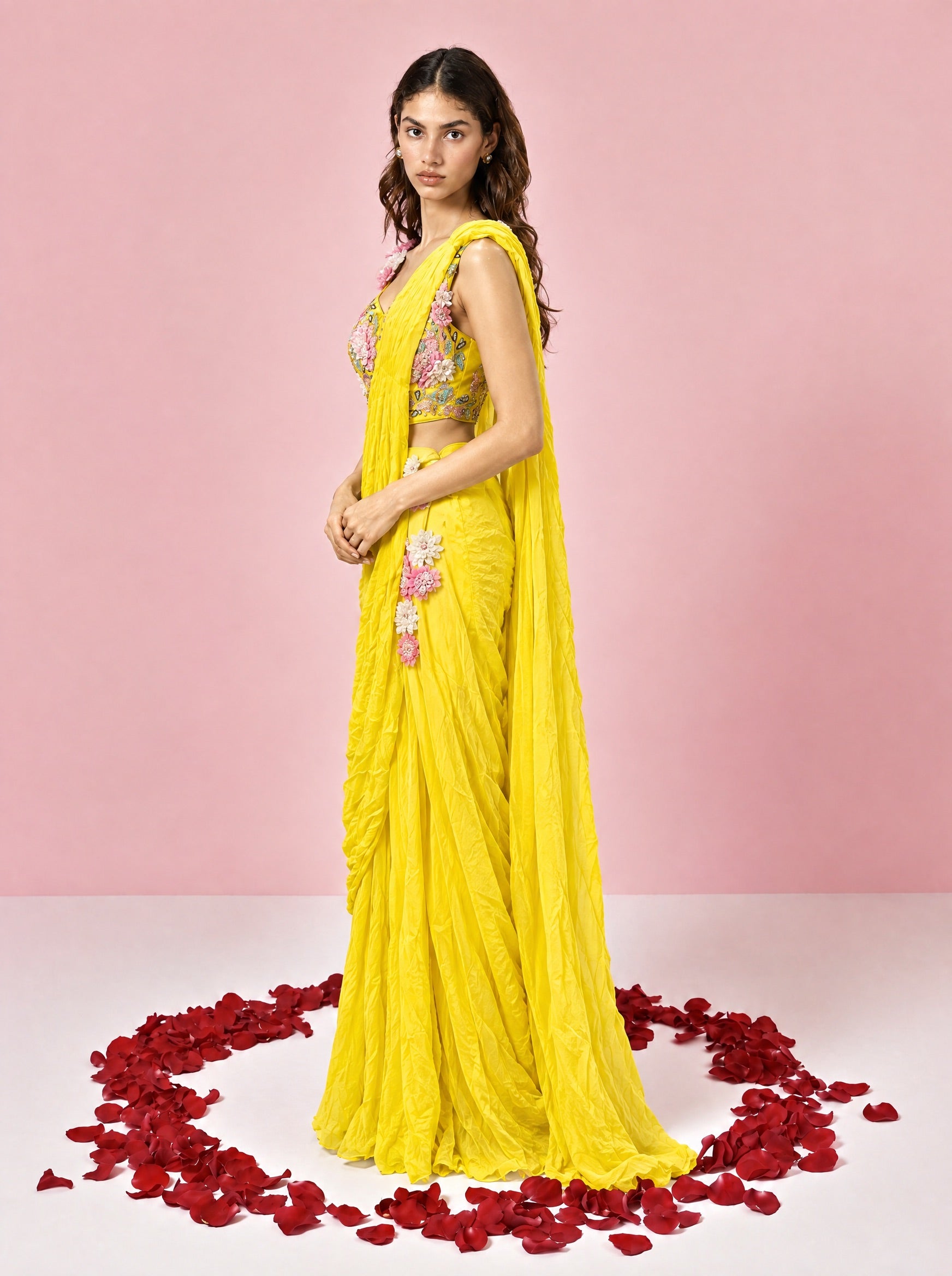 Yellow Floral Embroidered Ready To Wear Drape Saree