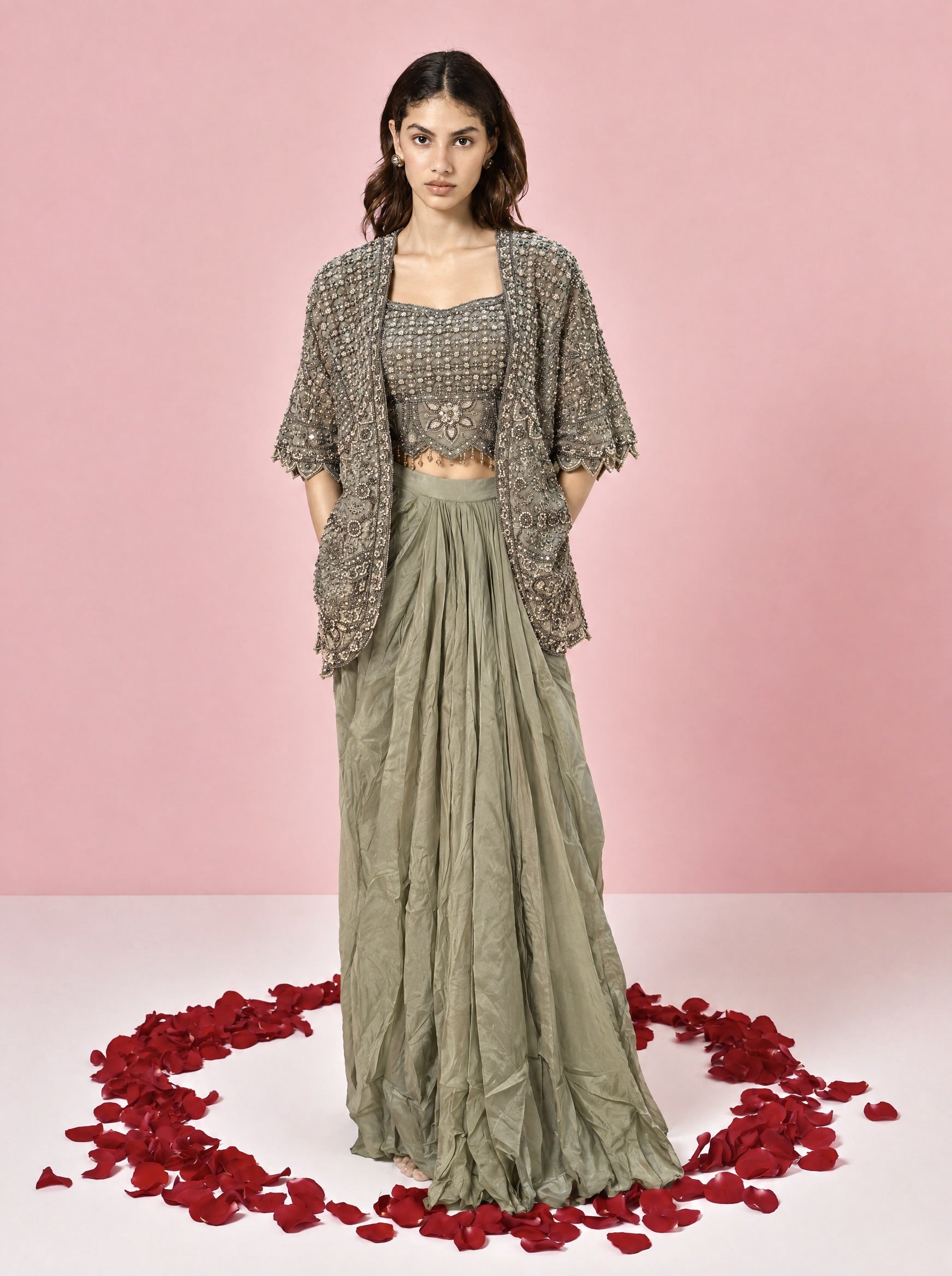 Green Embroidered Indowestern With Drape Skirt & Jacket