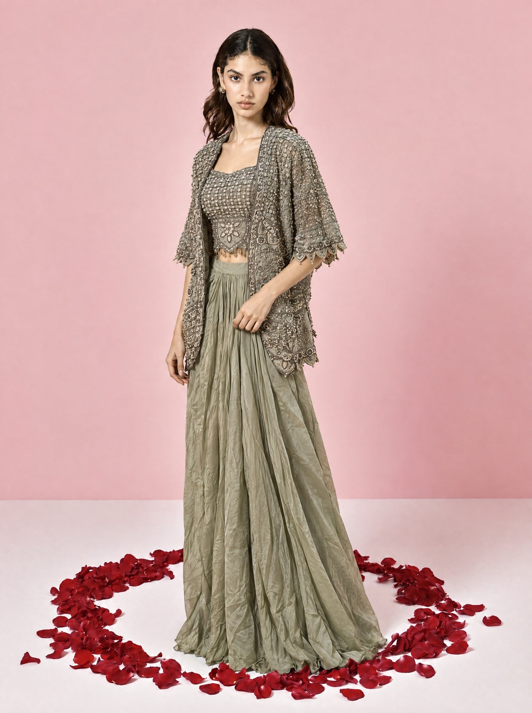 Green Embroidered Indowestern With Drape Skirt & Jacket