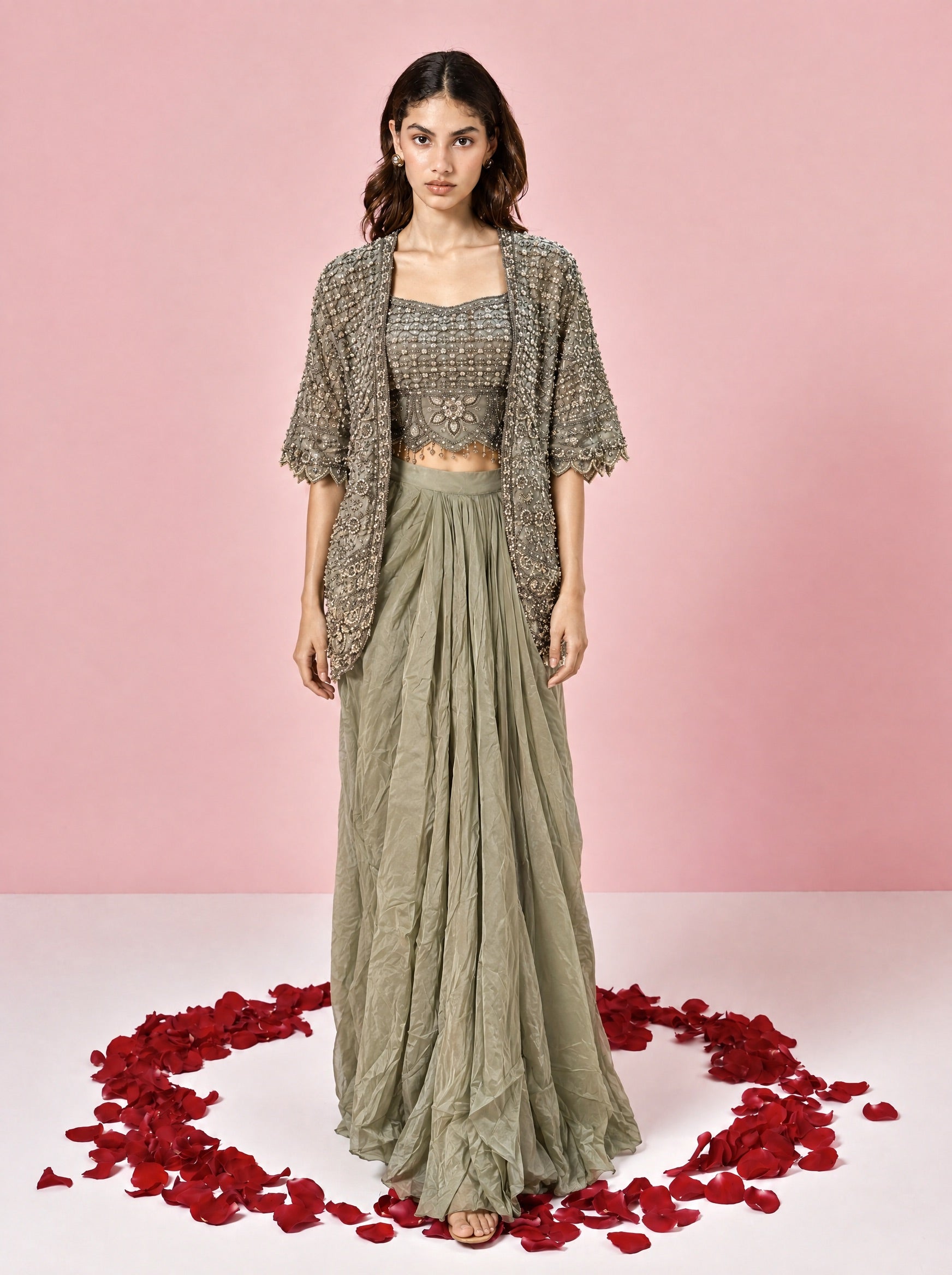 Green Embroidered Indowestern With Drape Skirt & Jacket