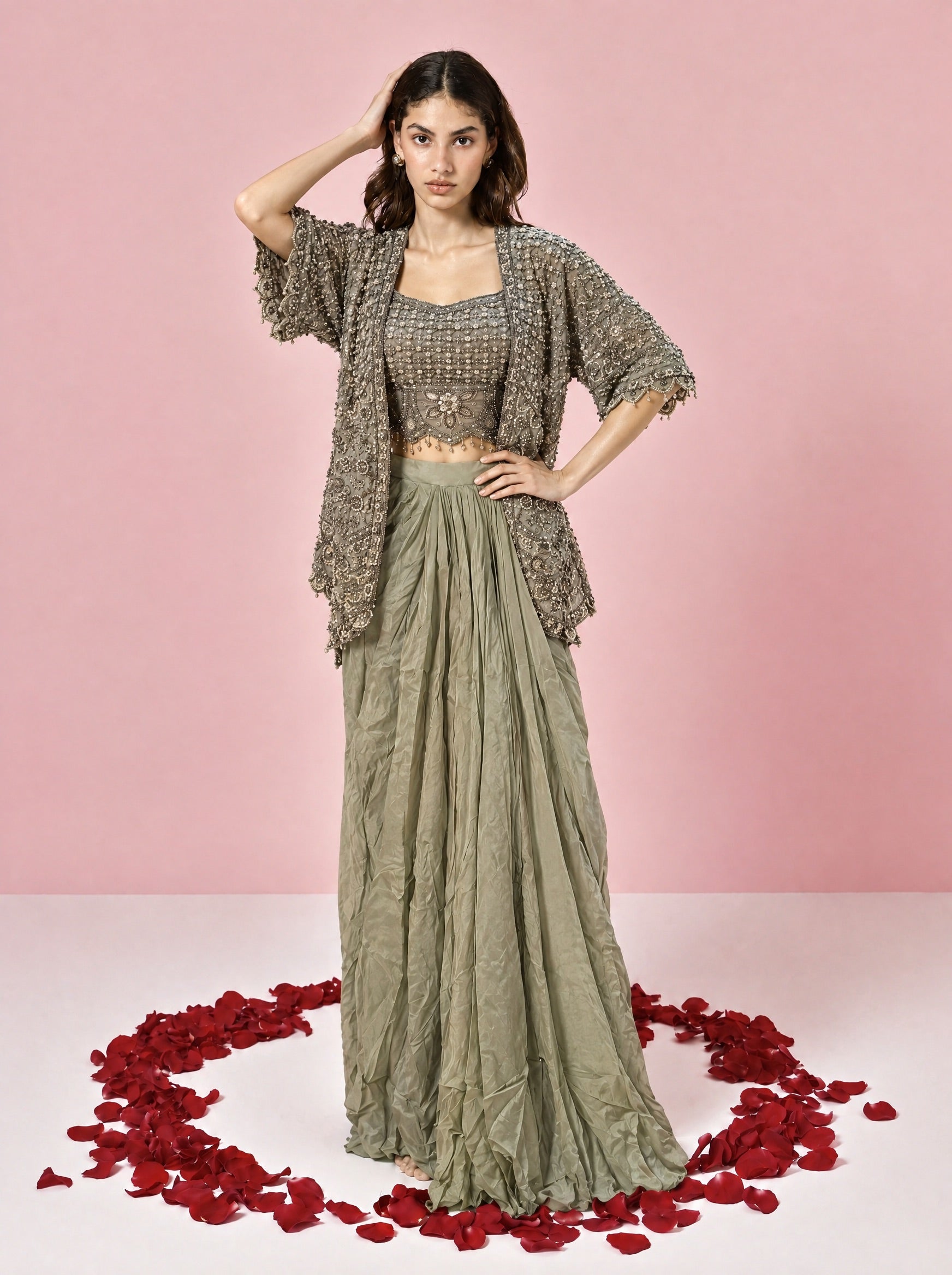 Green Embroidered Indowestern With Drape Skirt & Jacket