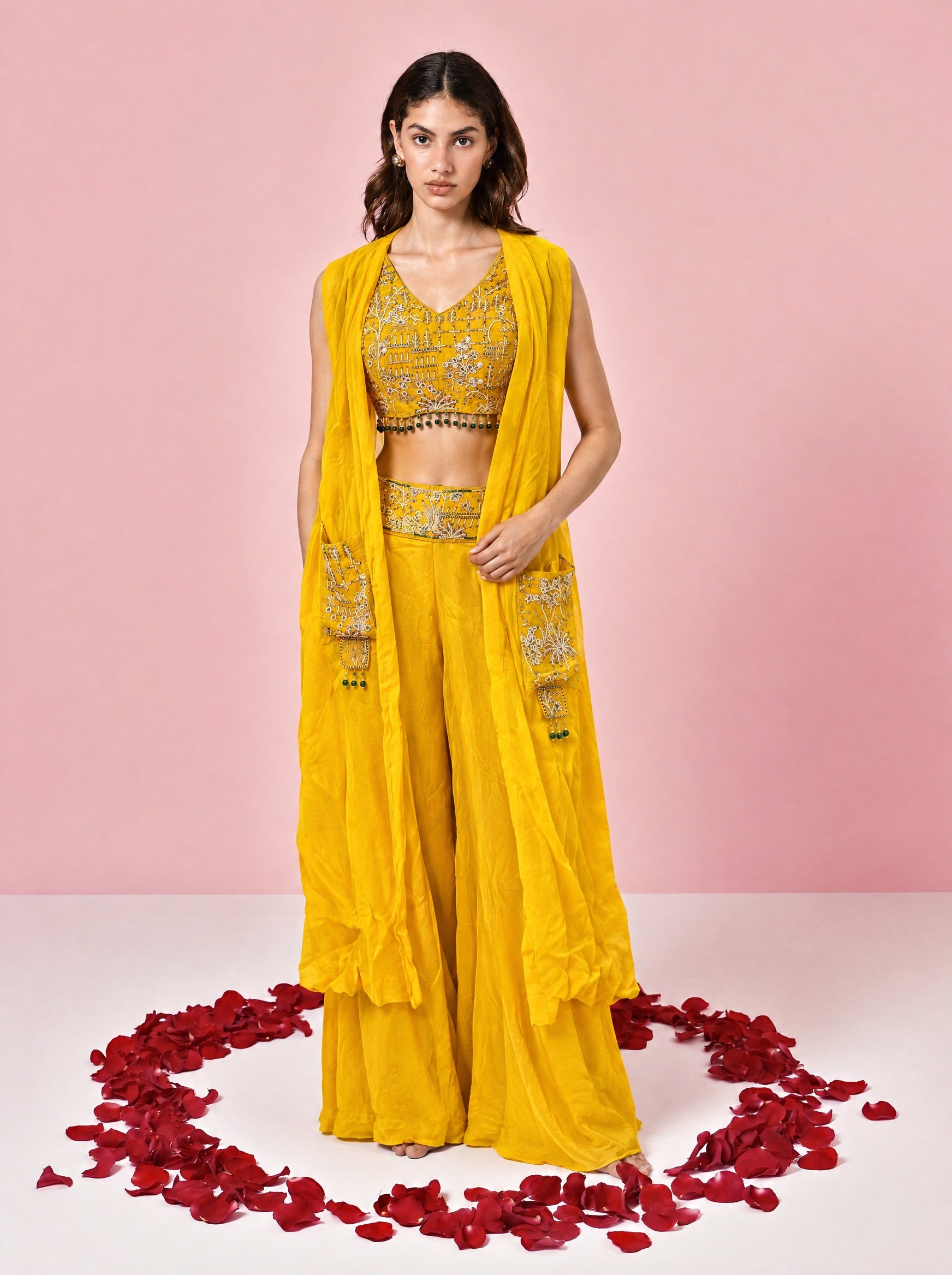 Yellow Embroidered Indo-western With Sleeveless Shrug