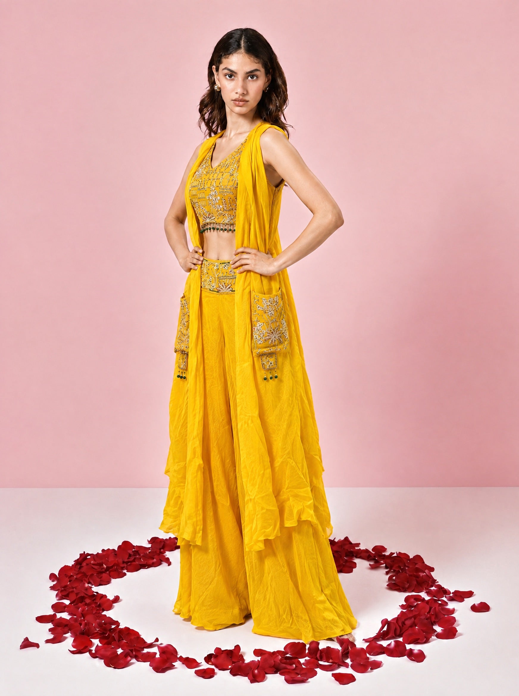 Yellow Embroidered Indo-western With Sleeveless Shrug