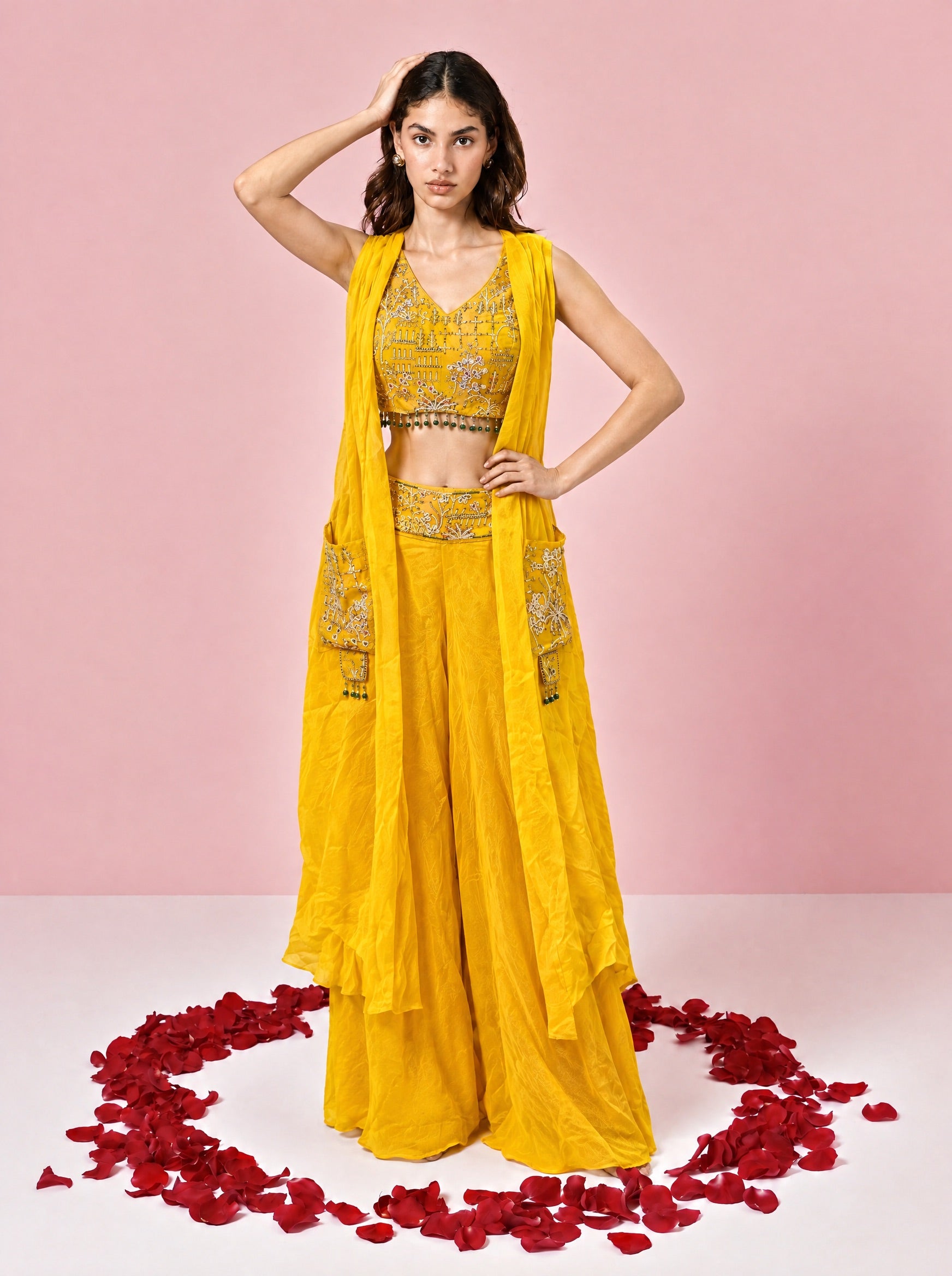 Yellow Embroidered Indo-western With Sleeveless Shrug