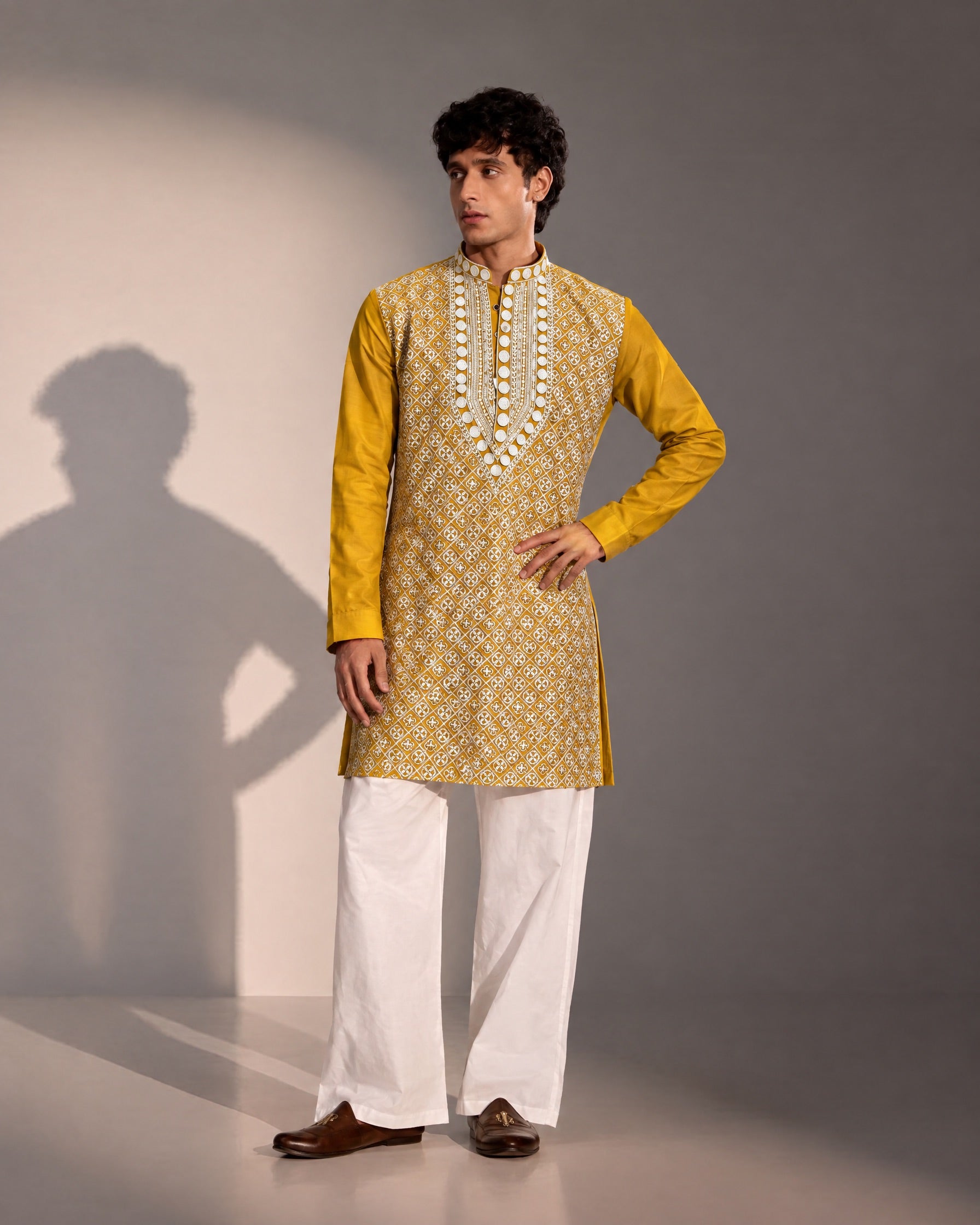 Yellow Embroidered Kurta Pajama for Men