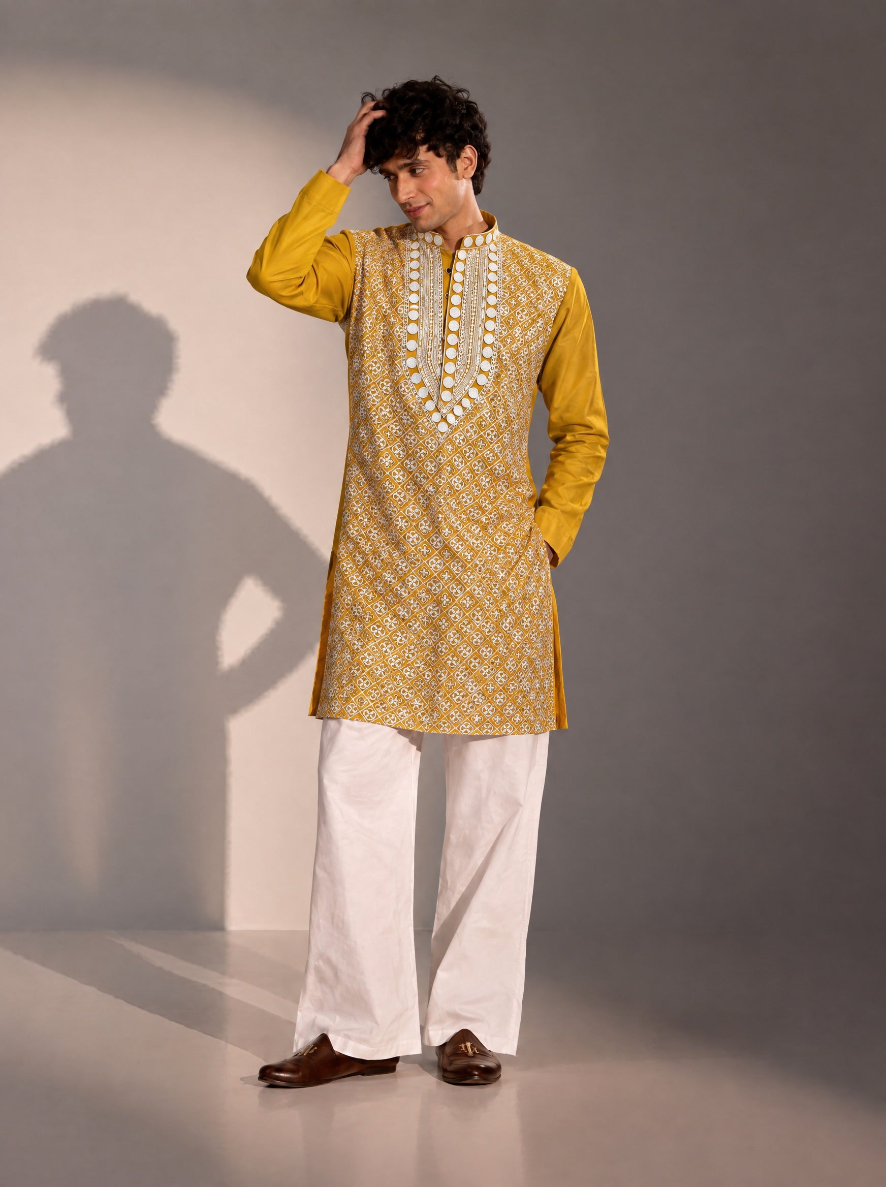 Yellow Embroidered Kurta Pajama for Men